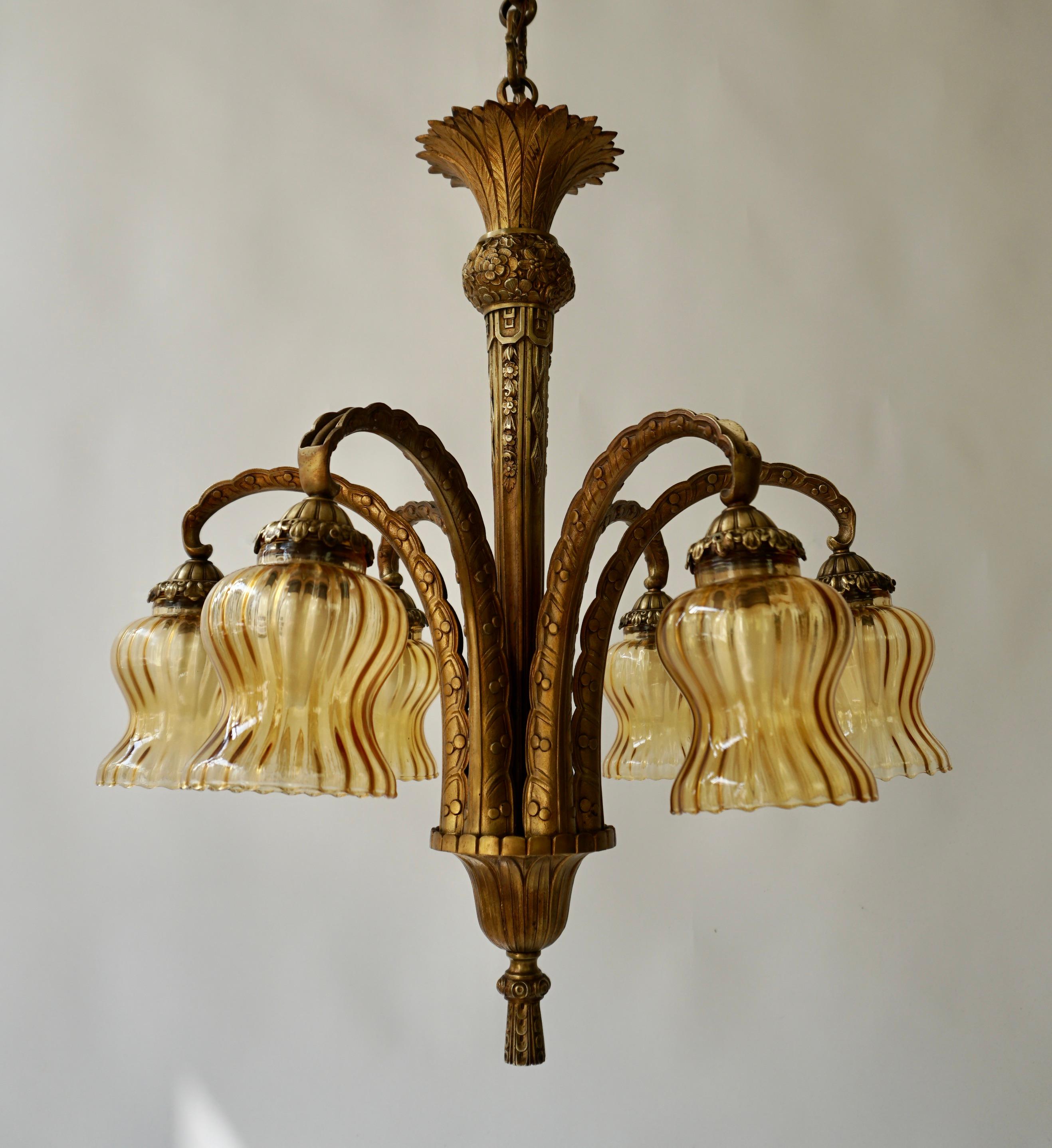 French Bronze Opaline Glass Palm Tree Chandelier For Sale 1