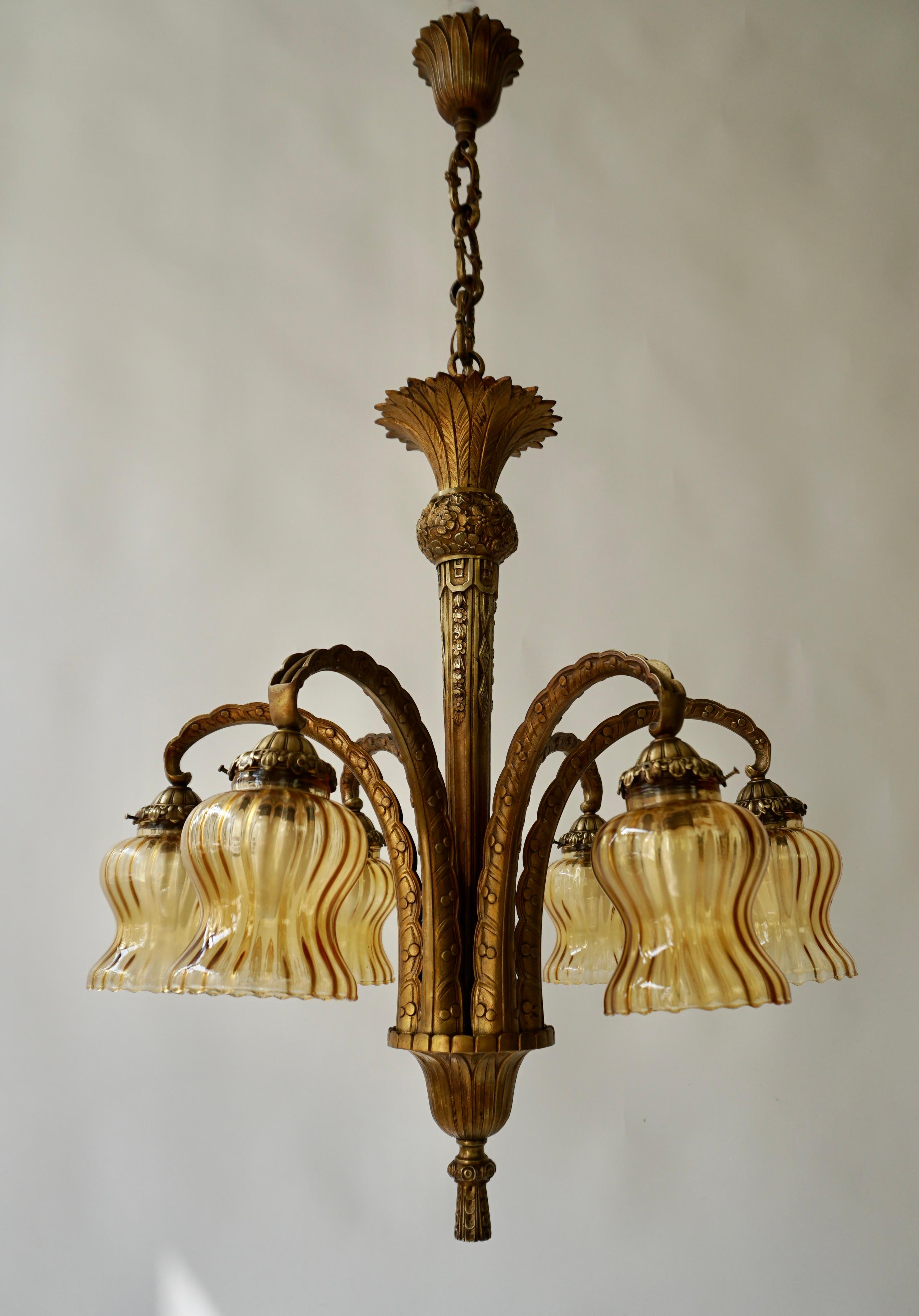 French Bronze Opaline Glass Palm Tree Chandelier For Sale 2