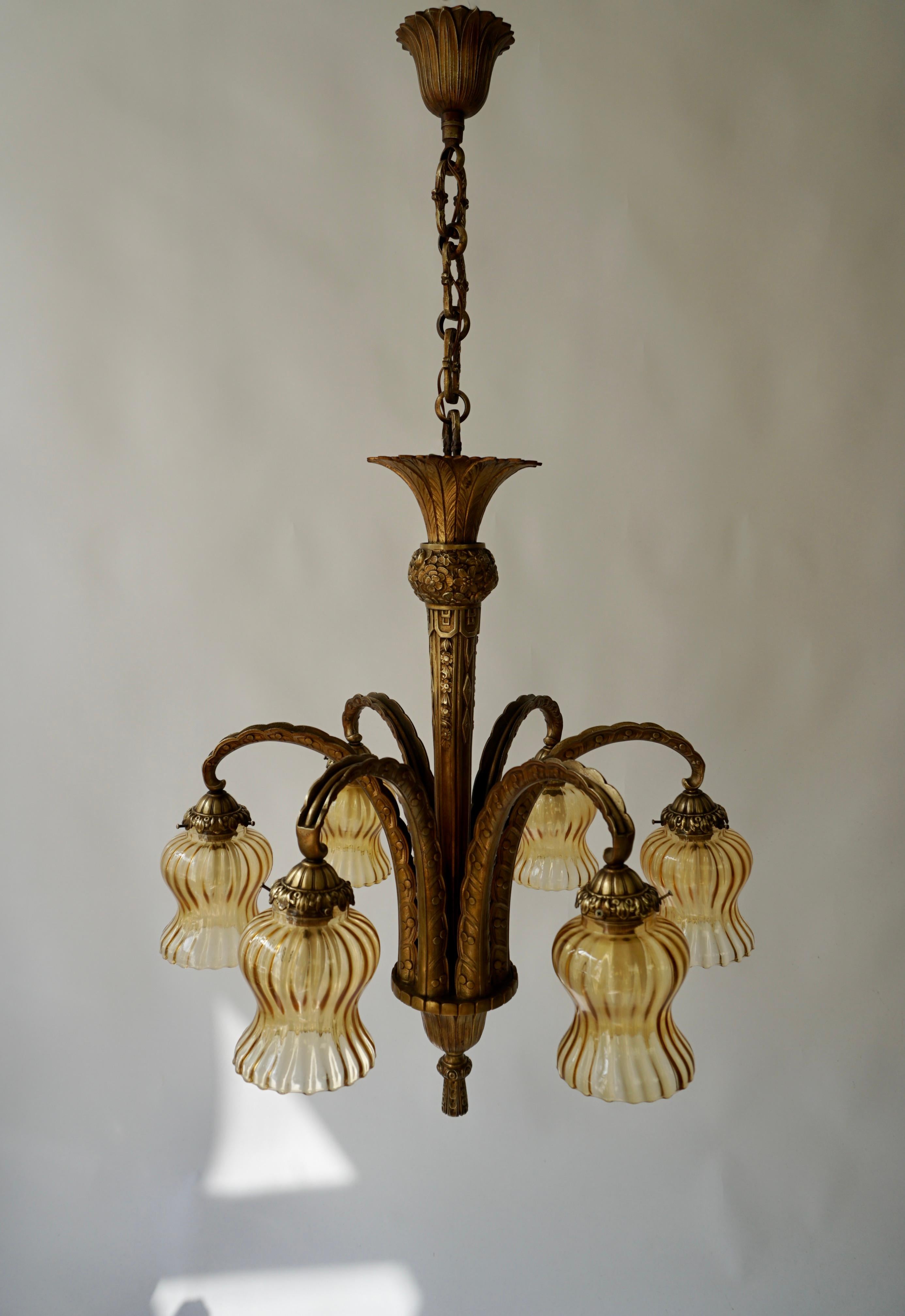 French Bronze Opaline Glass Palm Tree Chandelier For Sale 3