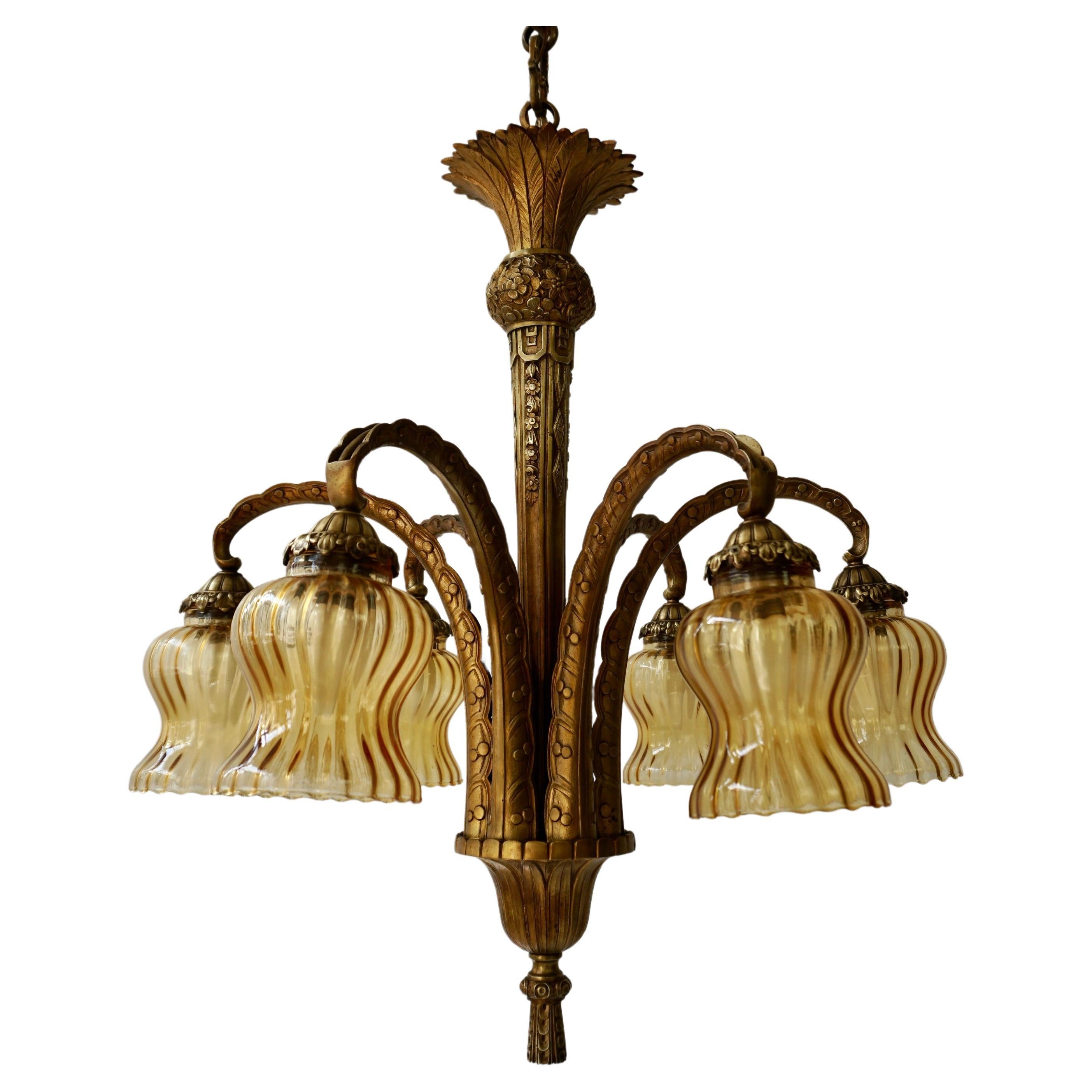 French Bronze Opaline Glass Palm Tree Chandelier