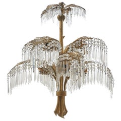 French Bronze Palm Leaf Shaped Chandelier with Crystal Drops, circa 1910