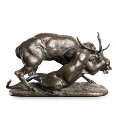 French Bronze Panther & Stag Hunting Scene, Antoine-Louis Barye (1796-1875)