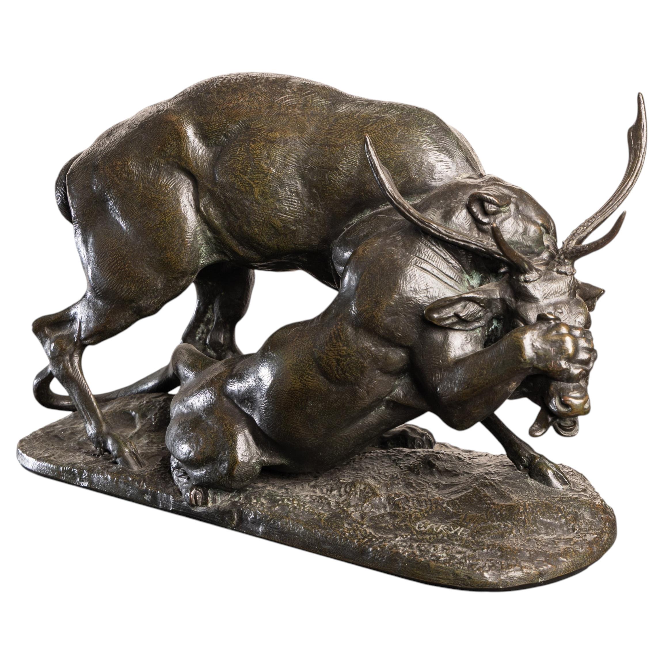 French Bronze Panther & Stag Hunting Scene, Antoine-Louis Barye (1796-1875) For Sale