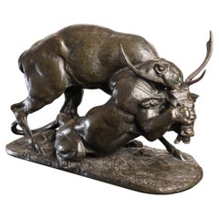 French Bronze Panther & Stag Hunting Scene, Antoine-Louis Barye (1796-1875)