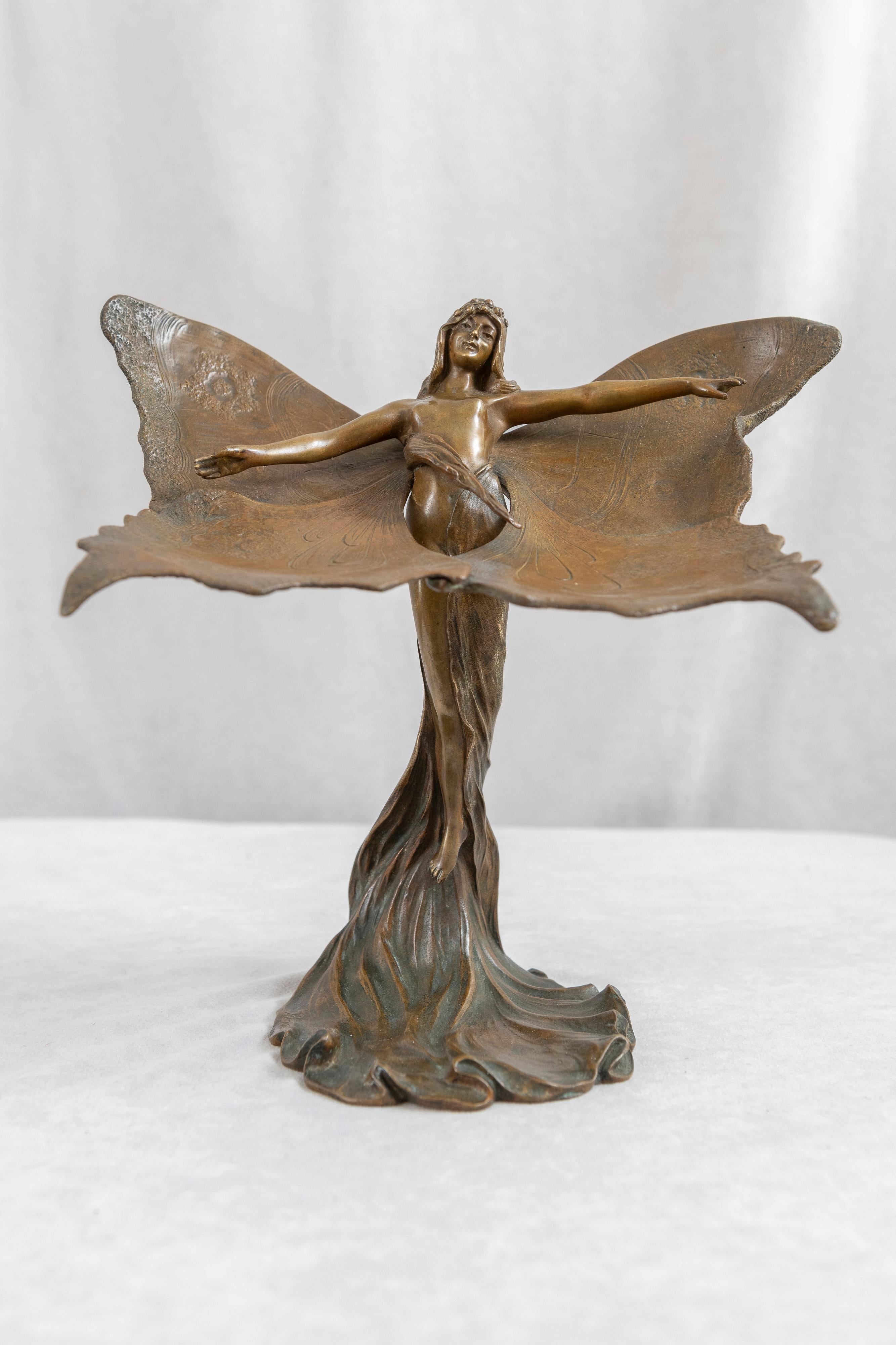 French Bronze 'Papillon', Nude Maiden w/ Wings, Signed & Dated, Renaud 1901 4
