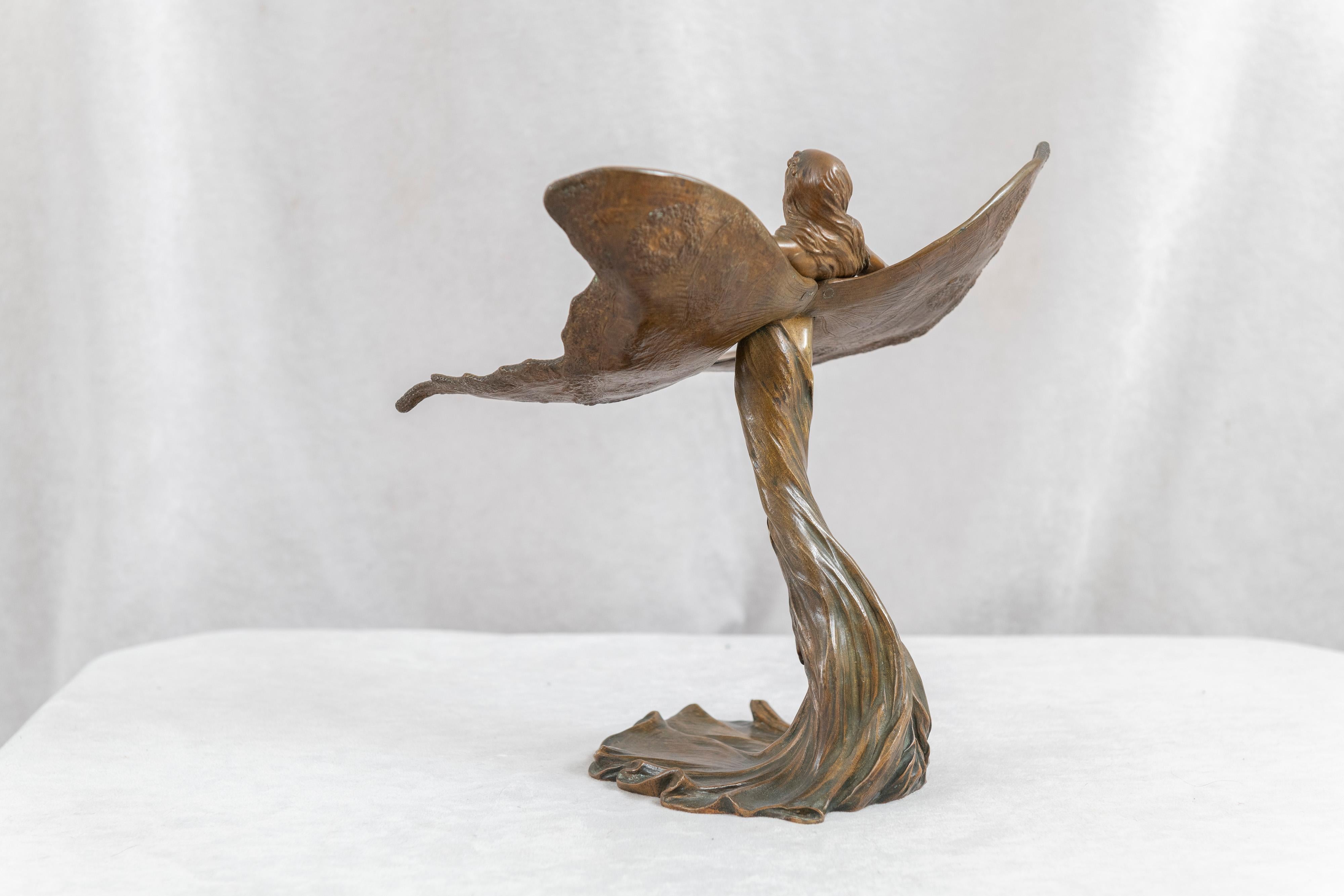 Patinated French Bronze 'Papillon', Nude Maiden w/ Wings, Signed & Dated, Renaud 1901