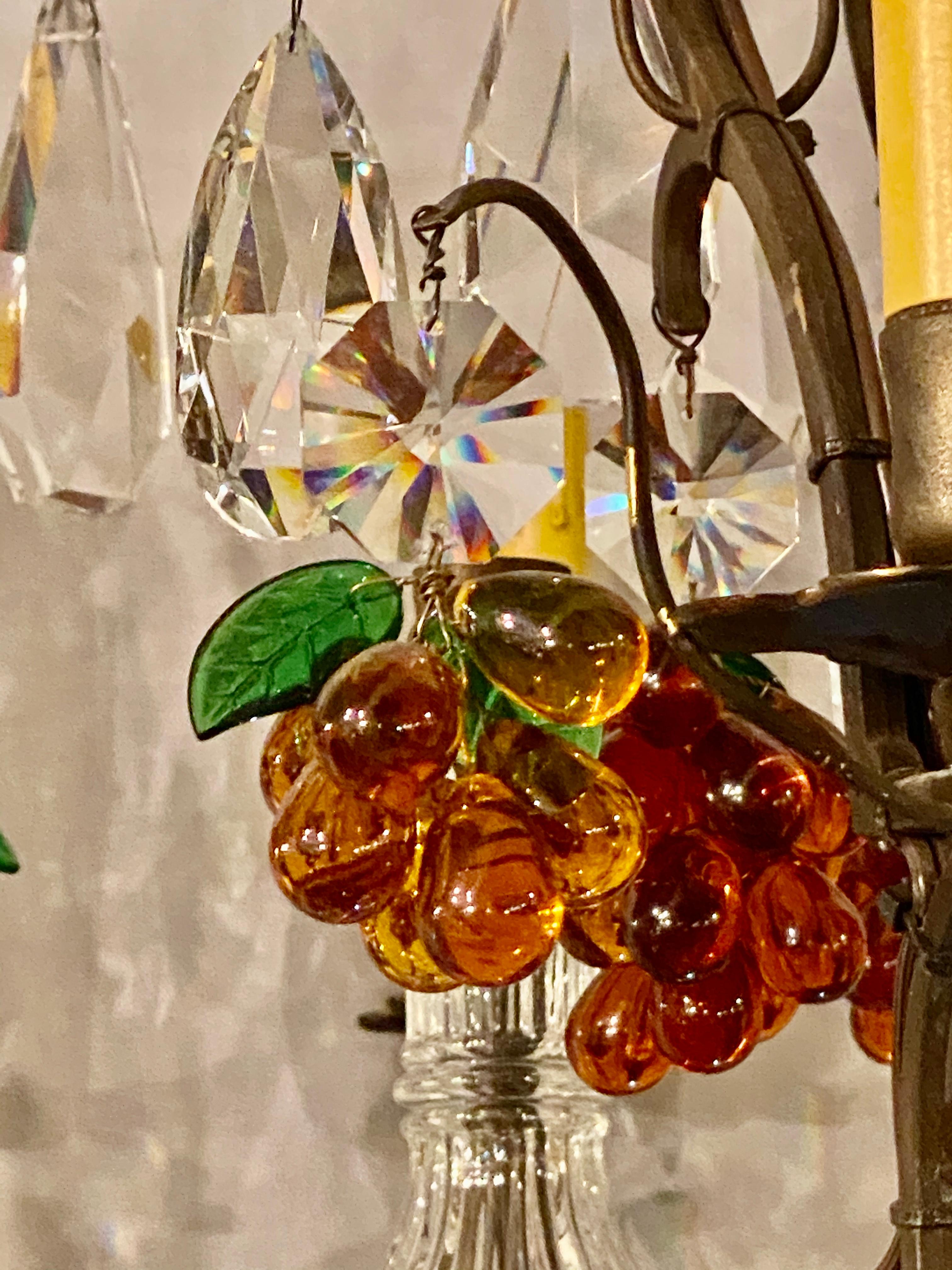 Belle Époque French Bronze Patina 9-Light Chandelier Cut Crystal & Glass Fruit Decorations For Sale
