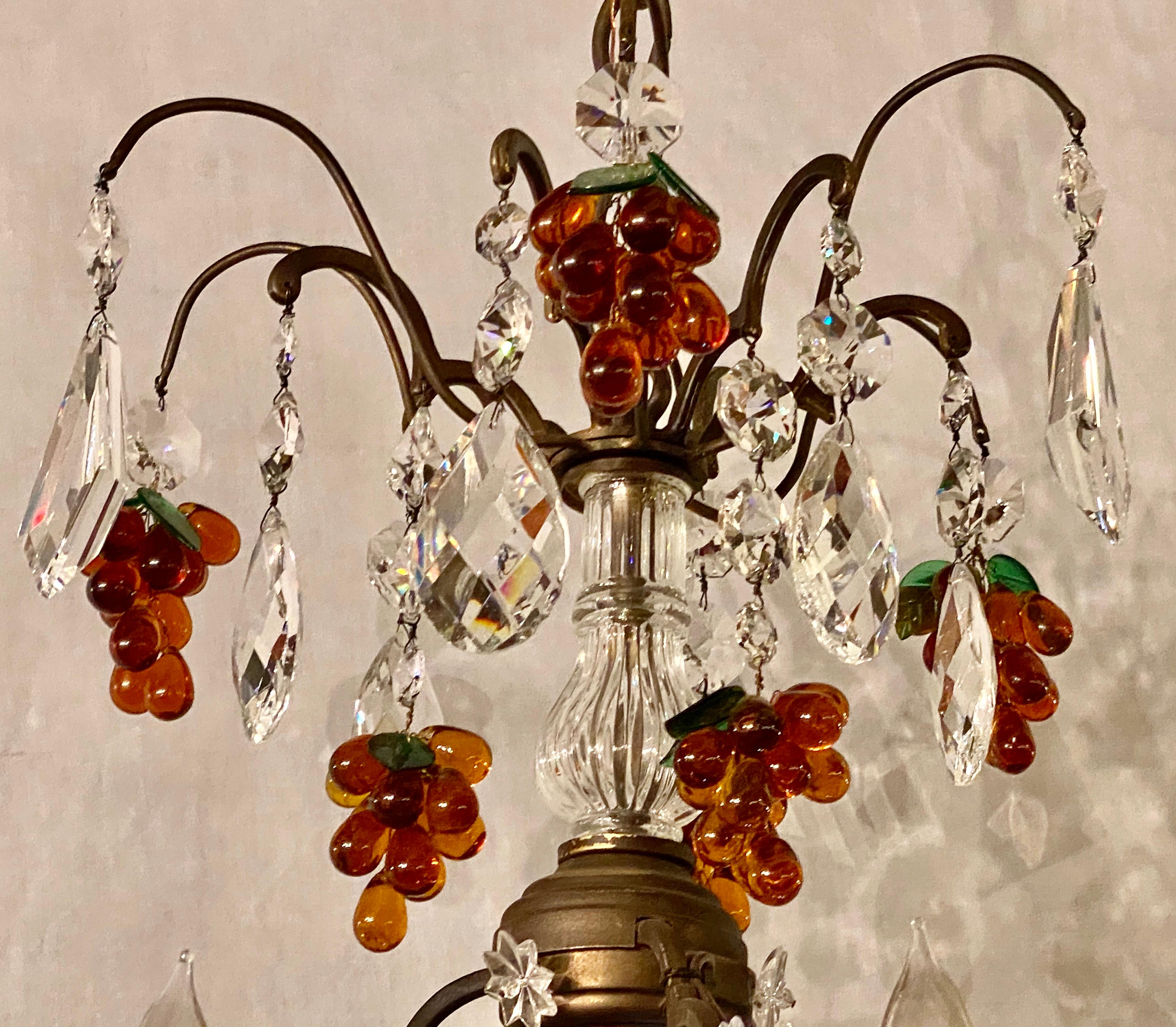 French Bronze Patina 9-Light Chandelier Cut Crystal & Glass Fruit Decorations For Sale 1