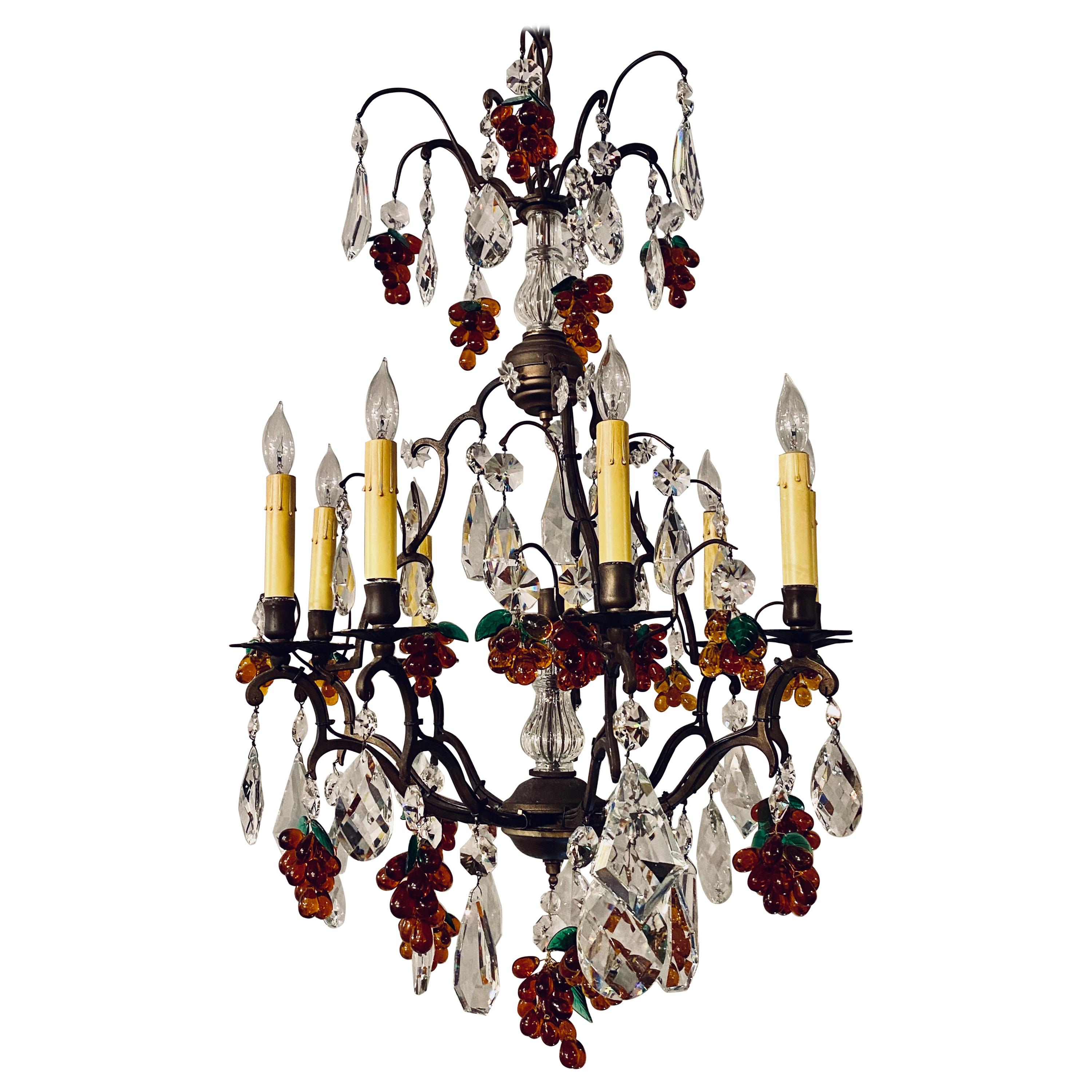 French Bronze Patina 9-Light Chandelier Cut Crystal & Glass Fruit Decorations For Sale