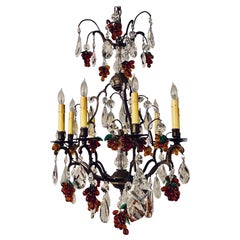 Retro French Bronze Patina 9-Light Chandelier Cut Crystal & Glass Fruit Decorations