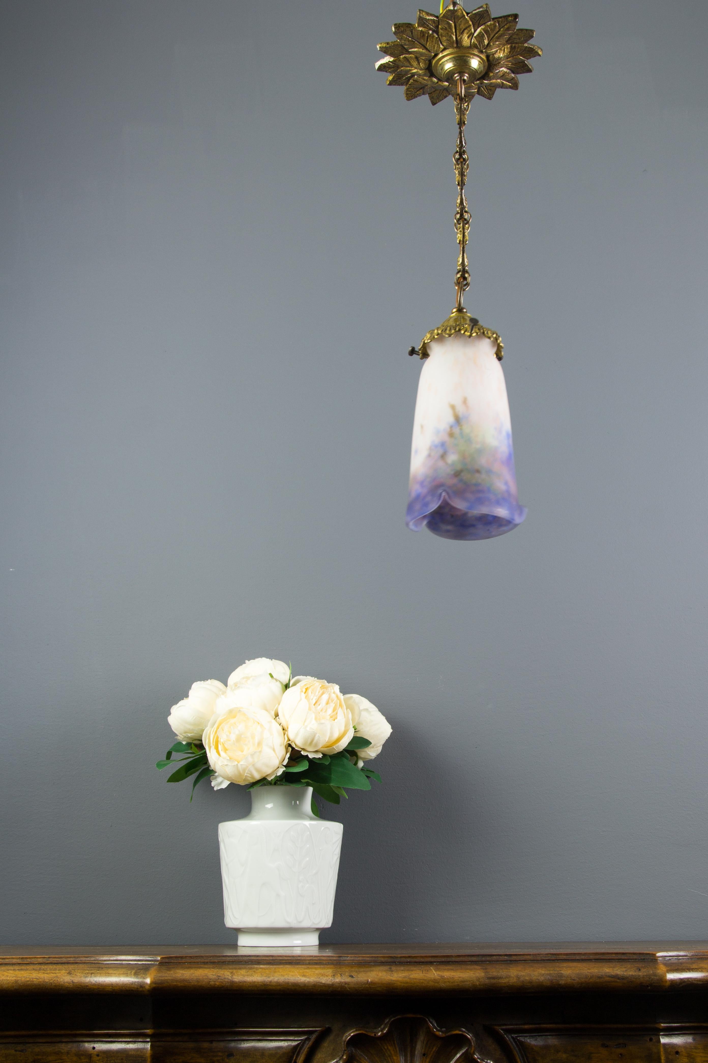 Early 20th Century French Bronze Pendant Light with Pâte de Verre Glass by Muller Frères Luneville