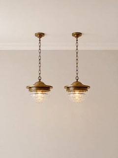 French Bronze Pl. & Hand Carved Crystal Glass Pendant Lights, 1930s, France