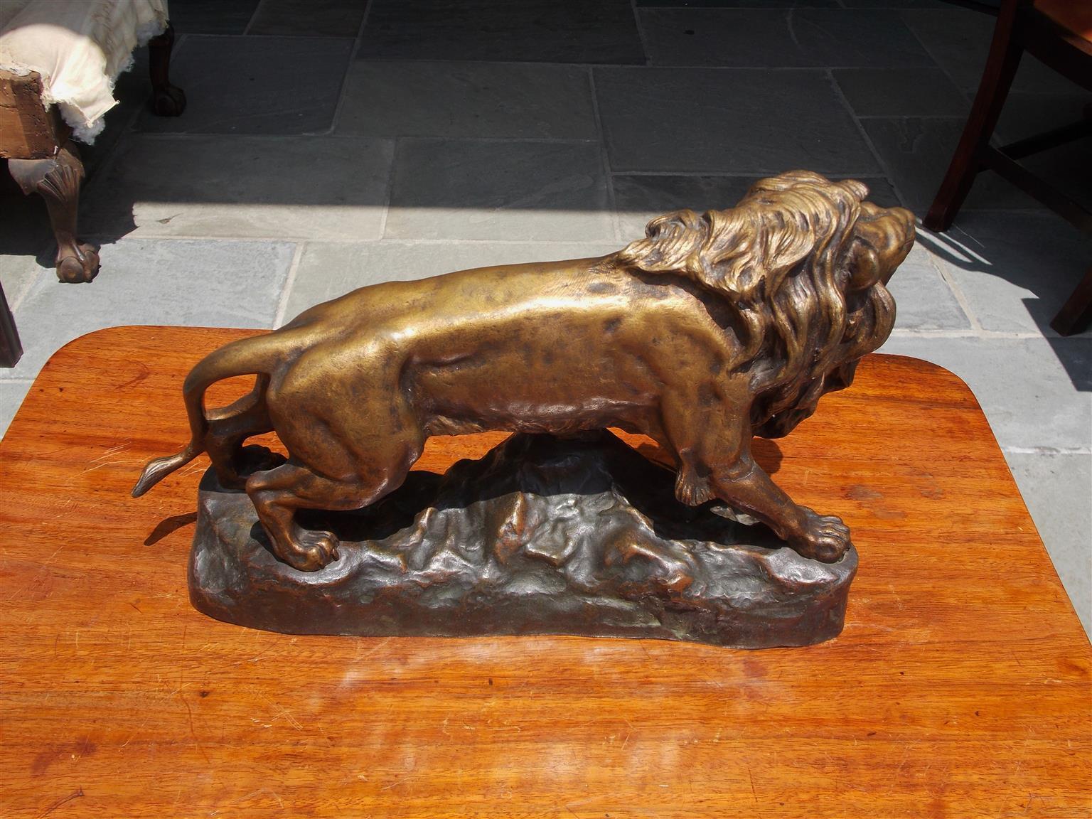 20th Century French Bronze Rampant Lion on Rocky Plinth, Signed J. B. Descomps, Circa 1900