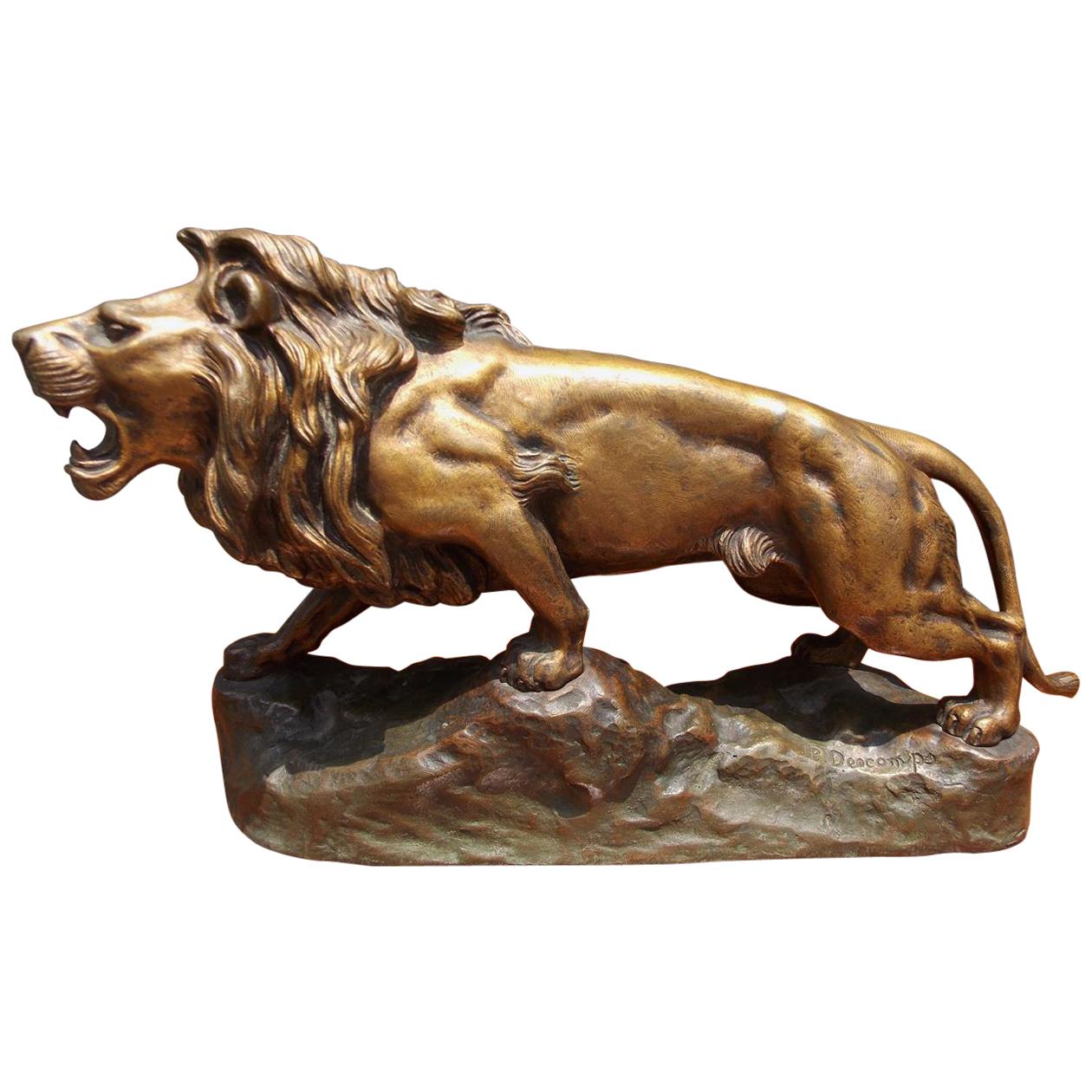French Bronze Rampant Lion on Rocky Plinth, Signed J. B. Descomps, Circa 1900