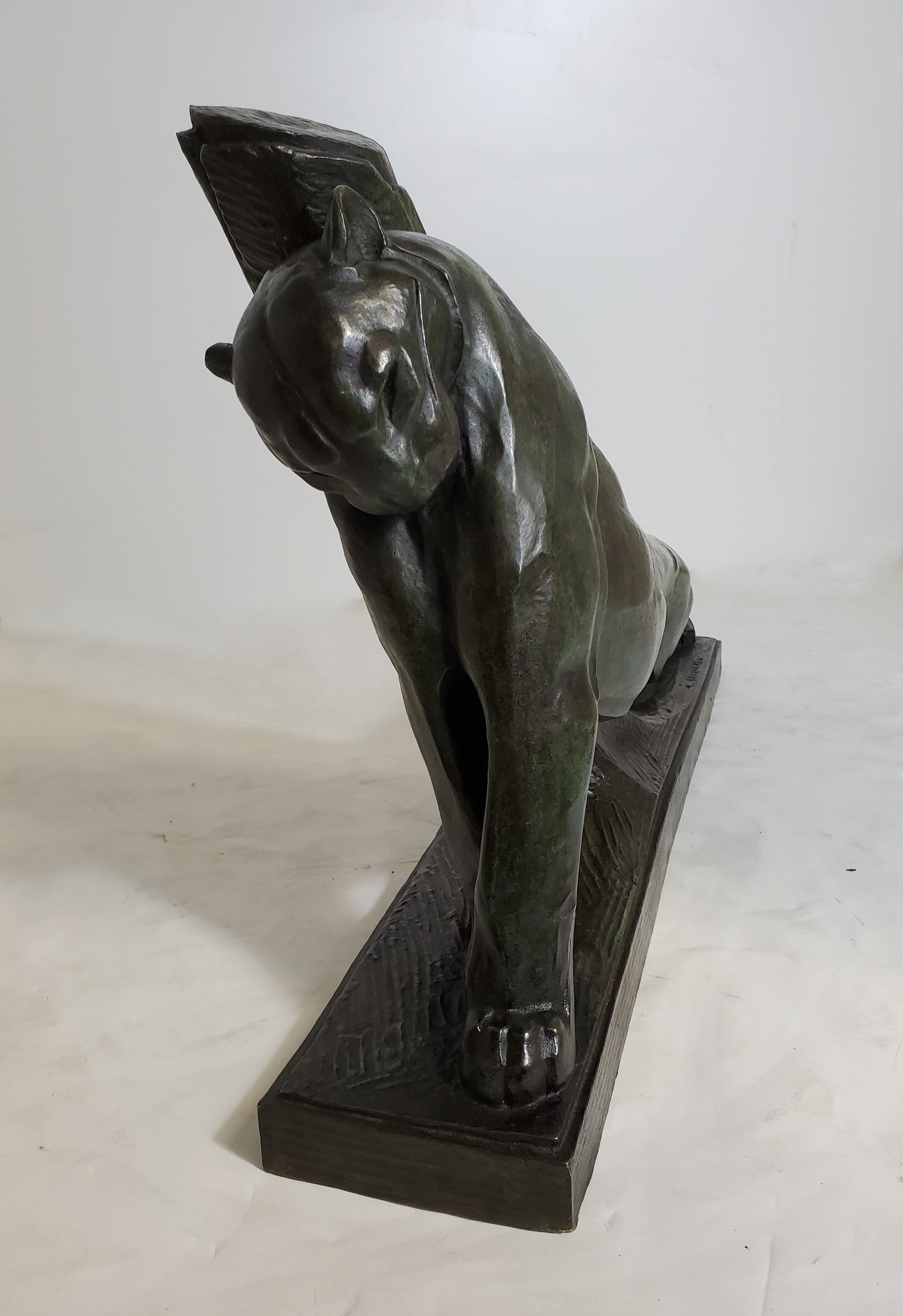 French Bronze Rare Sculpture of a Panther Bunting Signed André Vincent Becquerel For Sale 3