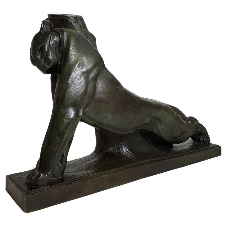 French Bronze Rare Sculpture of a Panther Bunting Signed André Vincent Becquerel For Sale