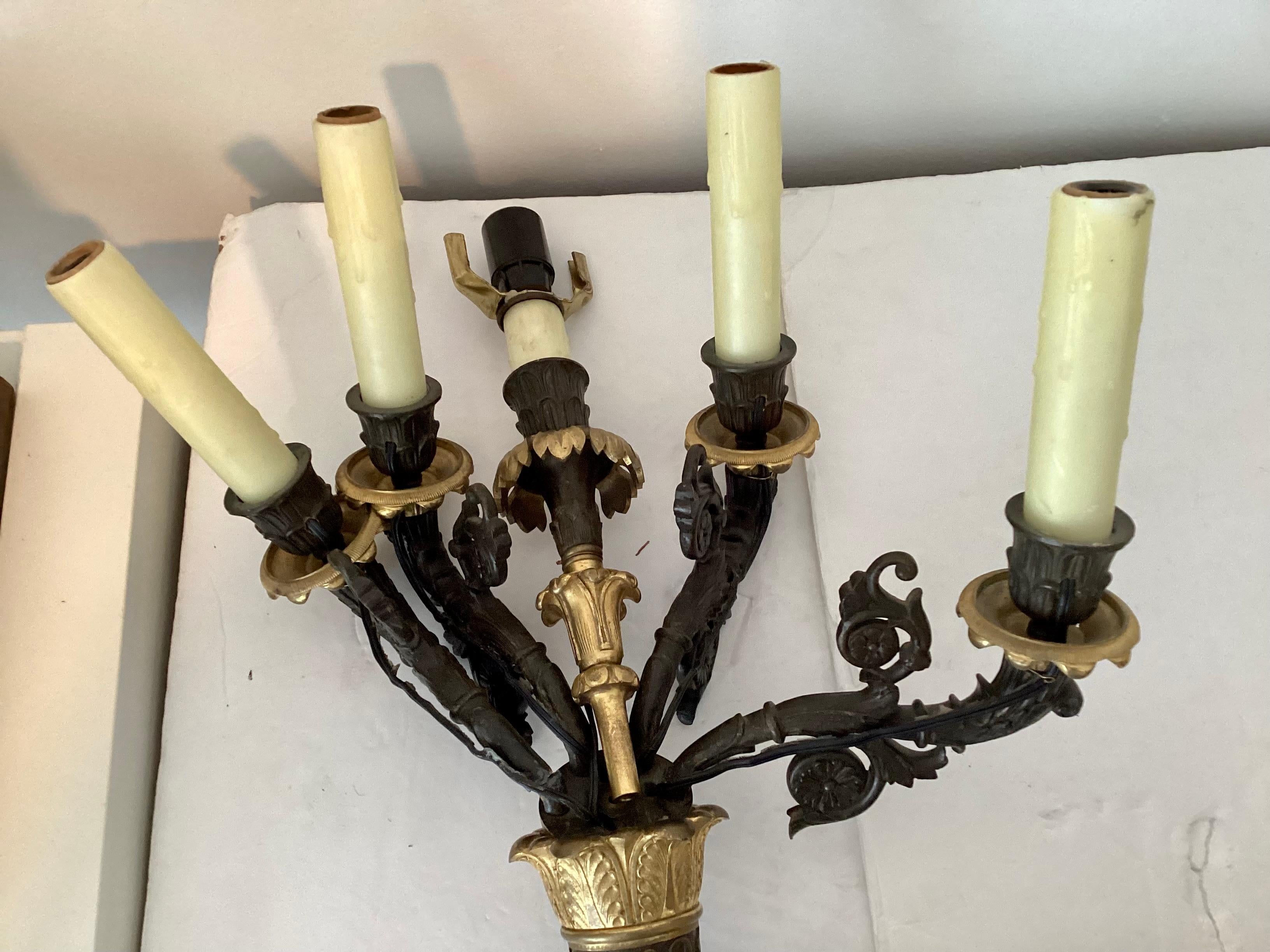 French Bronze Sconces, a Pair In Fair Condition For Sale In Los Angeles, CA