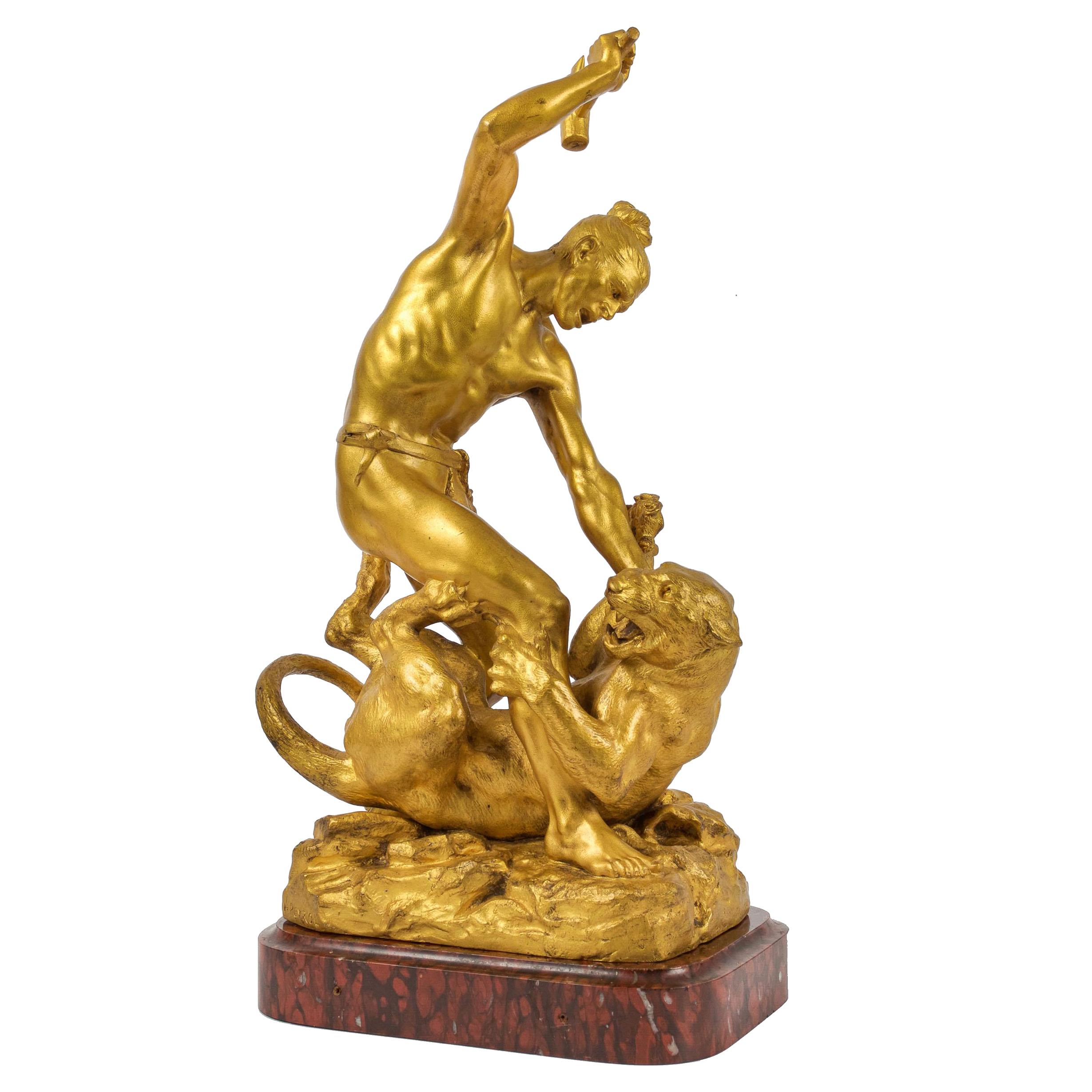 French Bronze Sculpt "Indian Battling Wildcat", Francois Hippolyte Peyrol c 1910