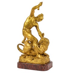 Vintage French Bronze Sculpt "Indian Battling Wildcat", Francois Hippolyte Peyrol c 1910