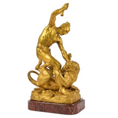 French Bronze Sculpt "Indian Battling Wildcat", Francois Hippolyte Peyrol c 1910