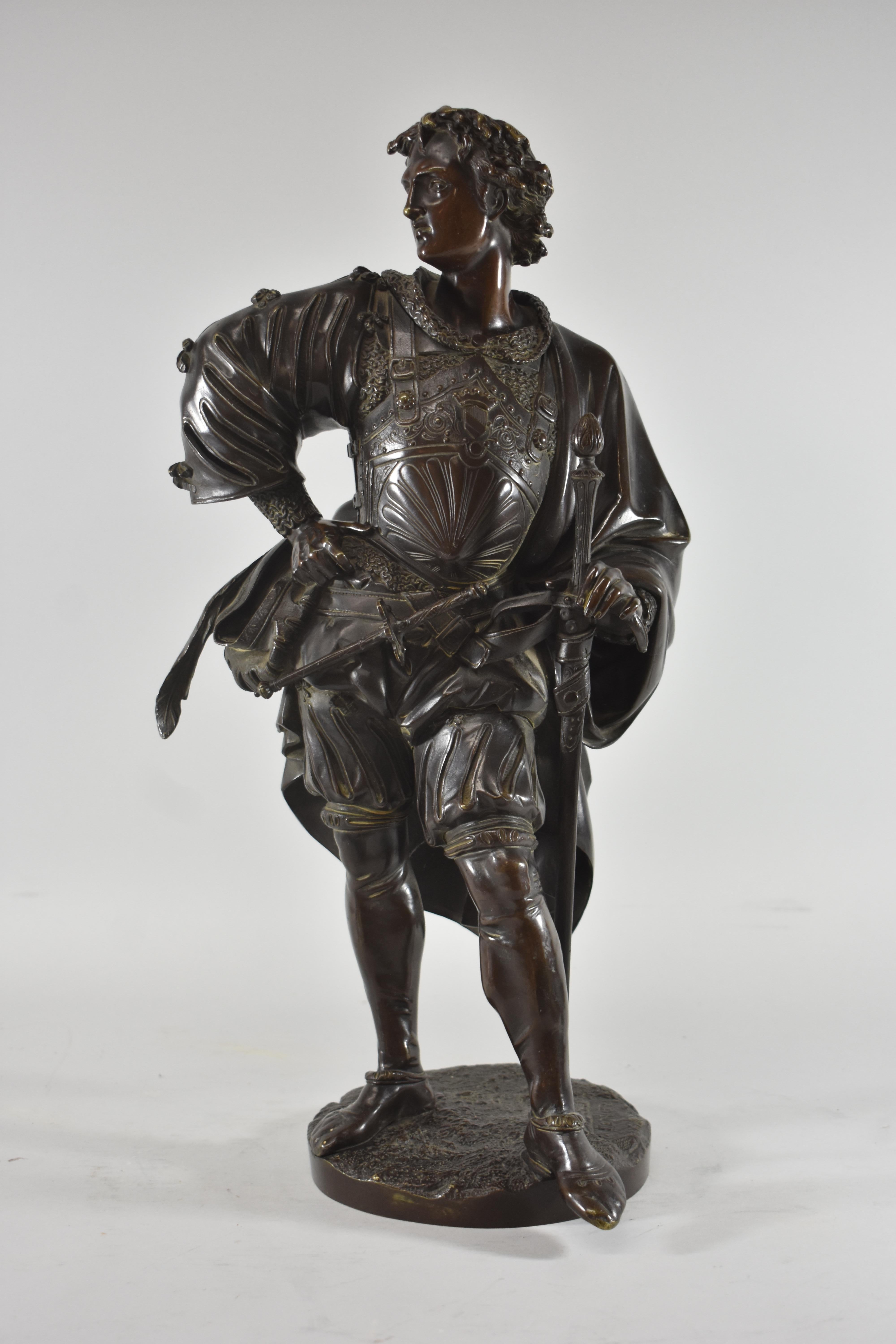 Bonze sculpture of man with sword holding his hat in his hand by French artist Albert Ernest Carrier. Belleuse 1824-1887. Defreville etched on the underside and #9 marked on the side. 18