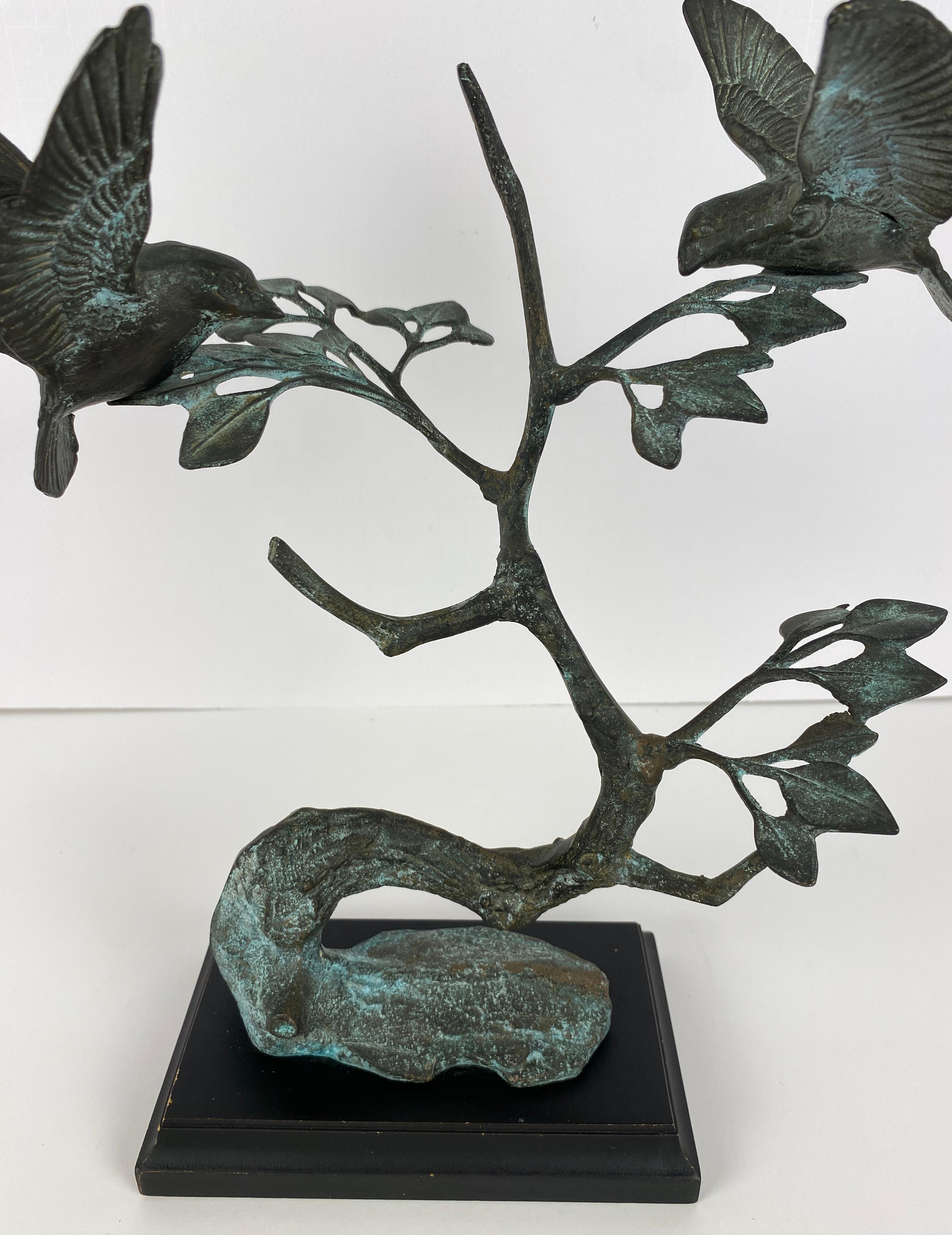 Patinated French Bronze Sculpture Birds Perched on Branch