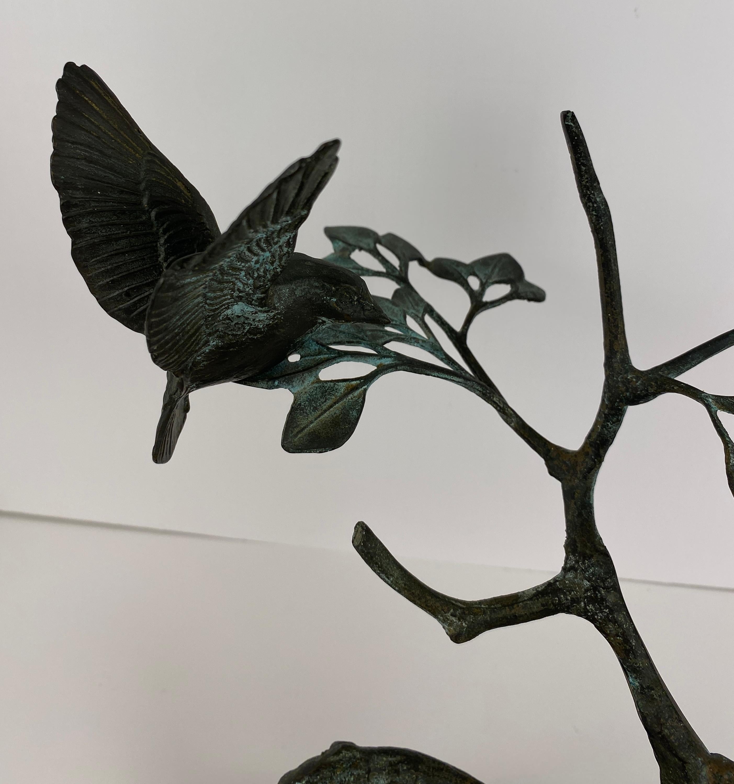 French Bronze Sculpture Birds Perched on Branch 1