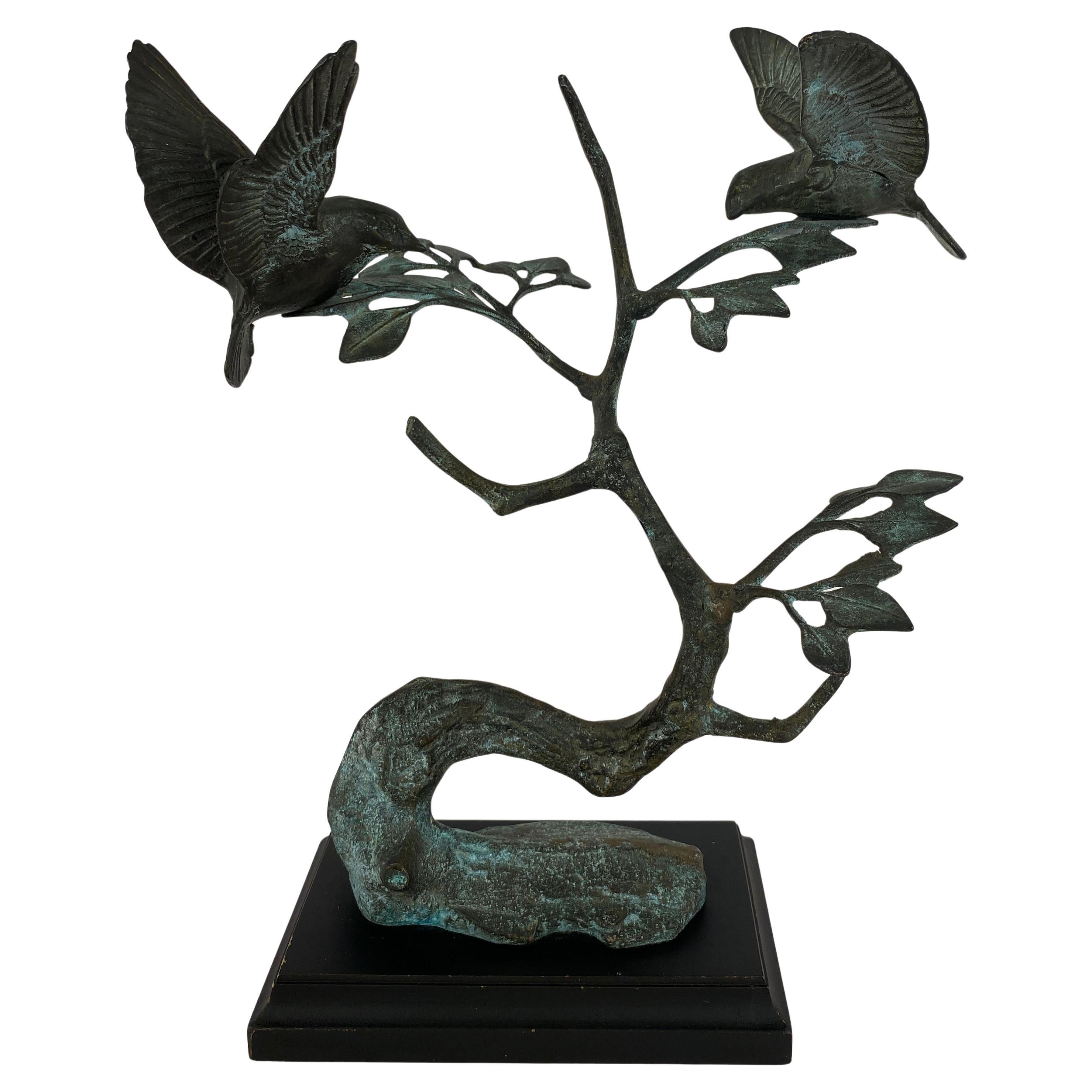 French Bronze Sculpture Birds Perched on Branch