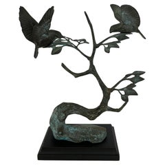 French Bronze Sculpture Birds Perched on Branch