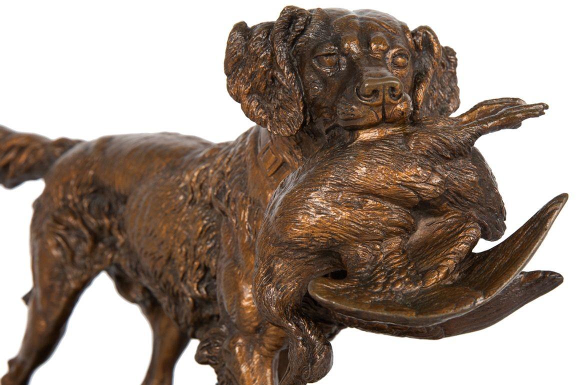 Patinated French Bronze Sculpture “Hunting Dog with Bird”, Paul-Edouard Delabrierre