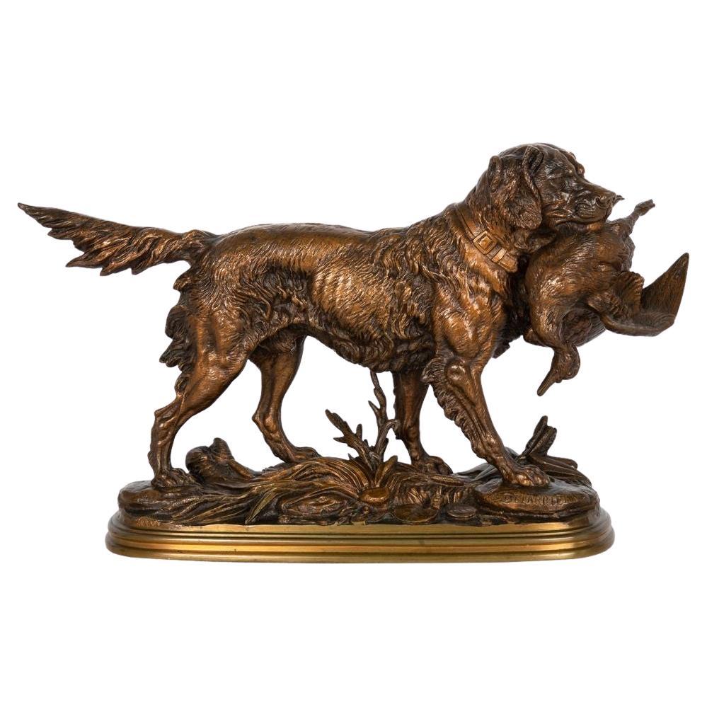 French Bronze Sculpture “Hunting Dog with Bird”, Paul-Edouard Delabrierre