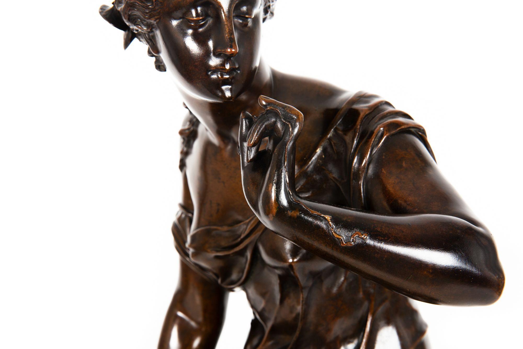 Bronzo French Bronze Sculpture “La Fil de la Vierge” by Pierre-Emile Hebert ca. 1880 in vendita