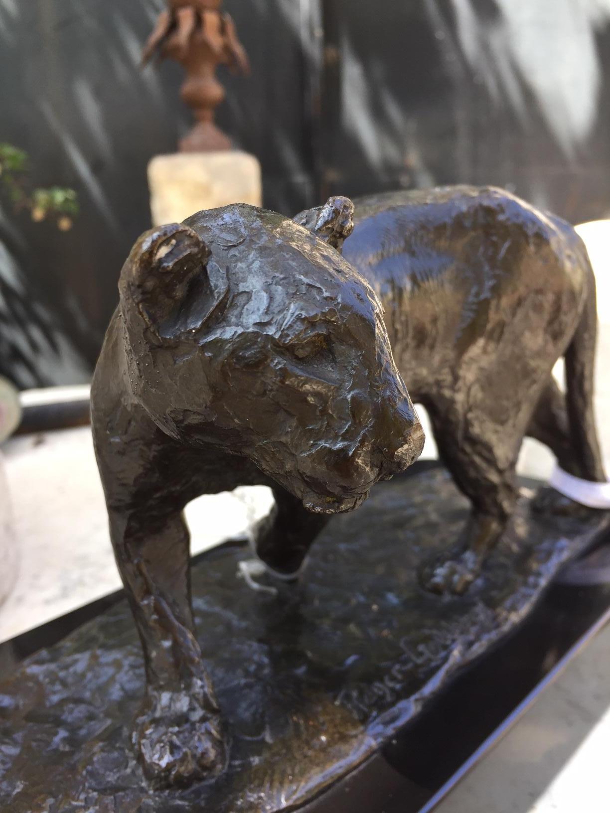 Stone Bronze Sculpture Lioness / Roger Godchaux Jewish Artist & Susse Lost Wax Bibelot For Sale