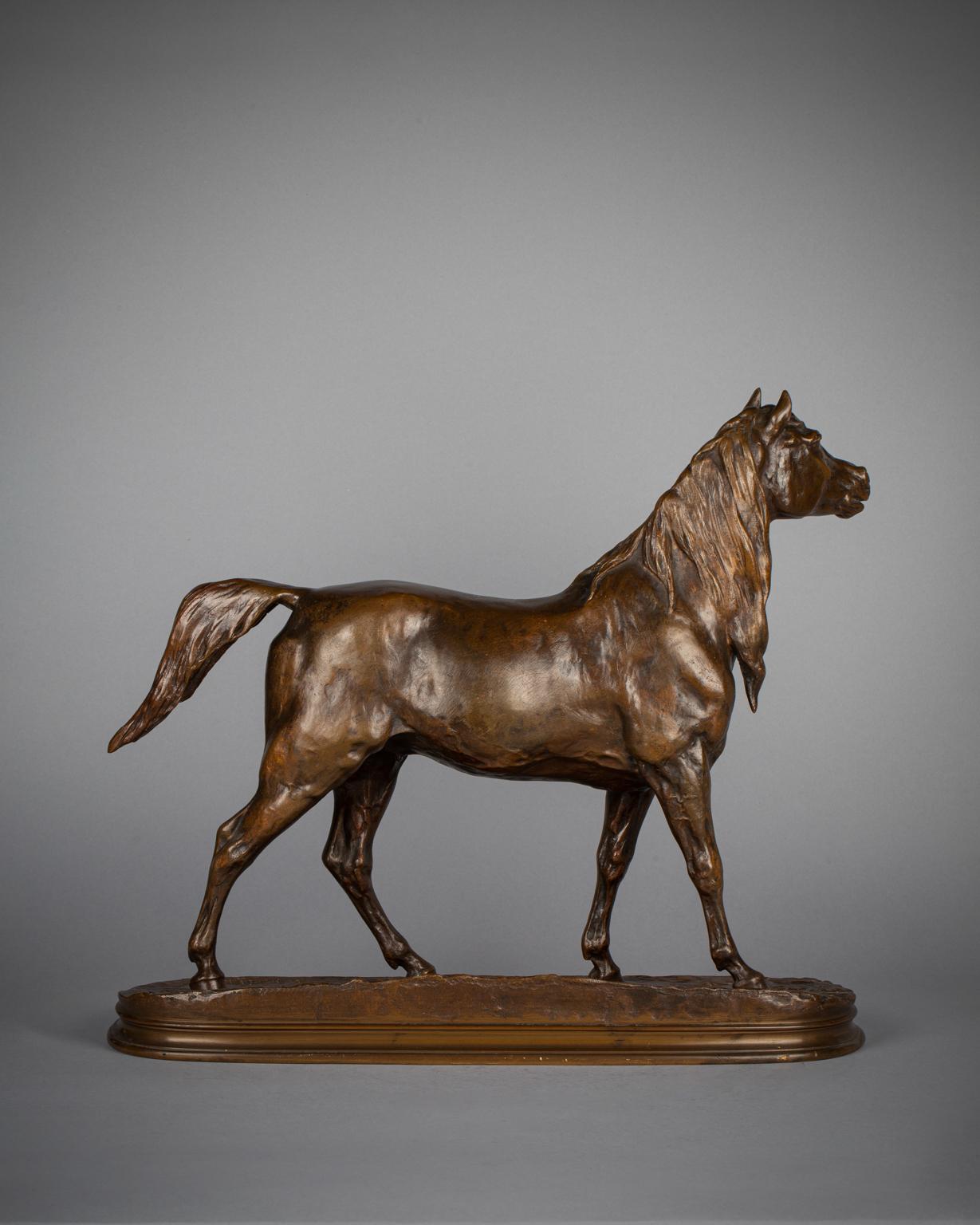 This highly detailed study of a Normandy mare is an excerpted model from Mêne's popular Jument normande et son poulain, exhibited in wax at the 1868 Salon (no. 3749), and in bronze the following year (no. 3592).signed P. J. MÊNE, stamped F.
