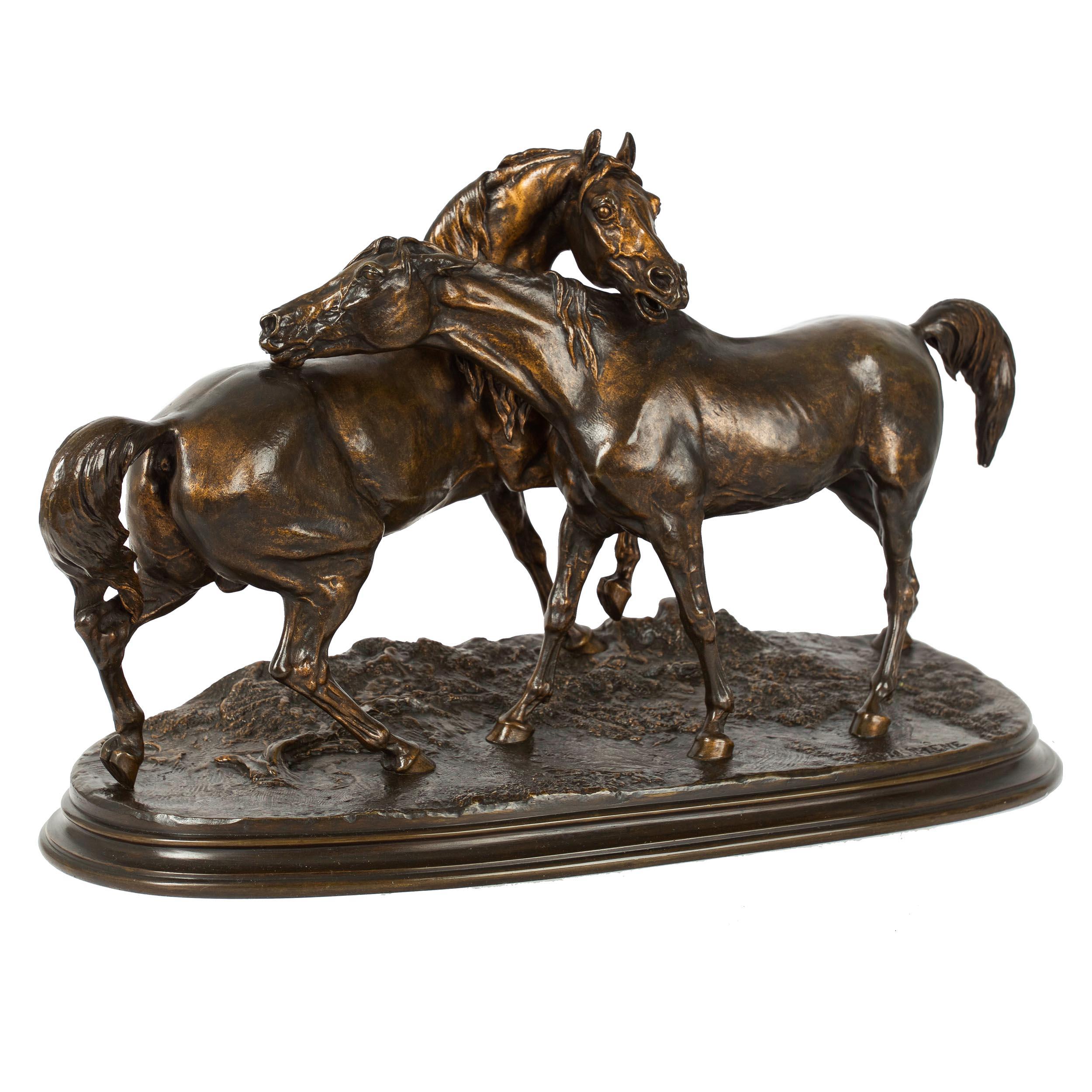 First exhibited at the 1852 Salon as no. 1479 as a sculpture in red wax with a thin black patina, it was originally titled Tachiani et Nedjébé, chevaux arabes and was later titled L'Accolade. It was exhibited as no. 1440 again in bronze in 1853 and
