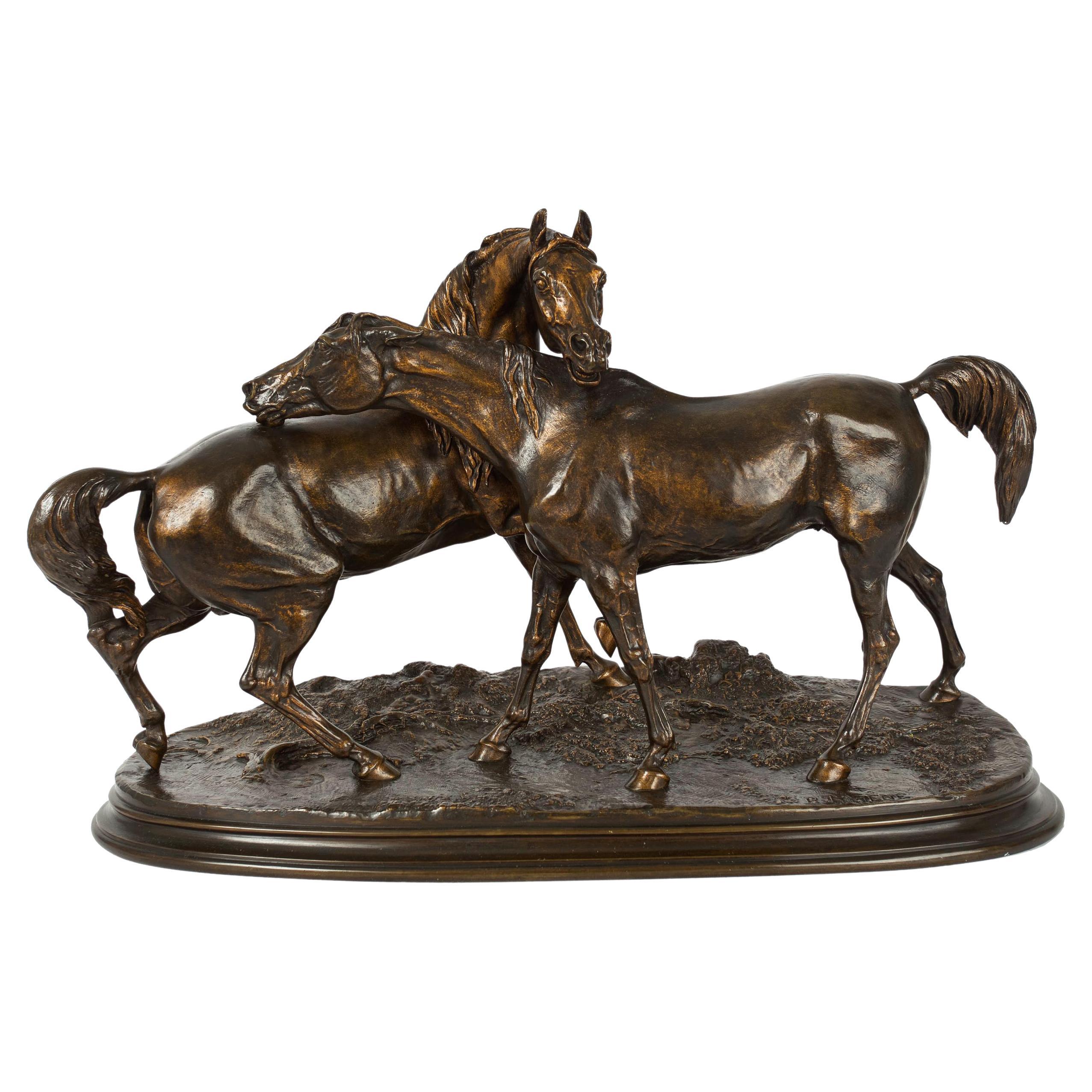 French Bronze Sculpture of Arabian Horses "L'accolade" After Pierre Jules Mêne