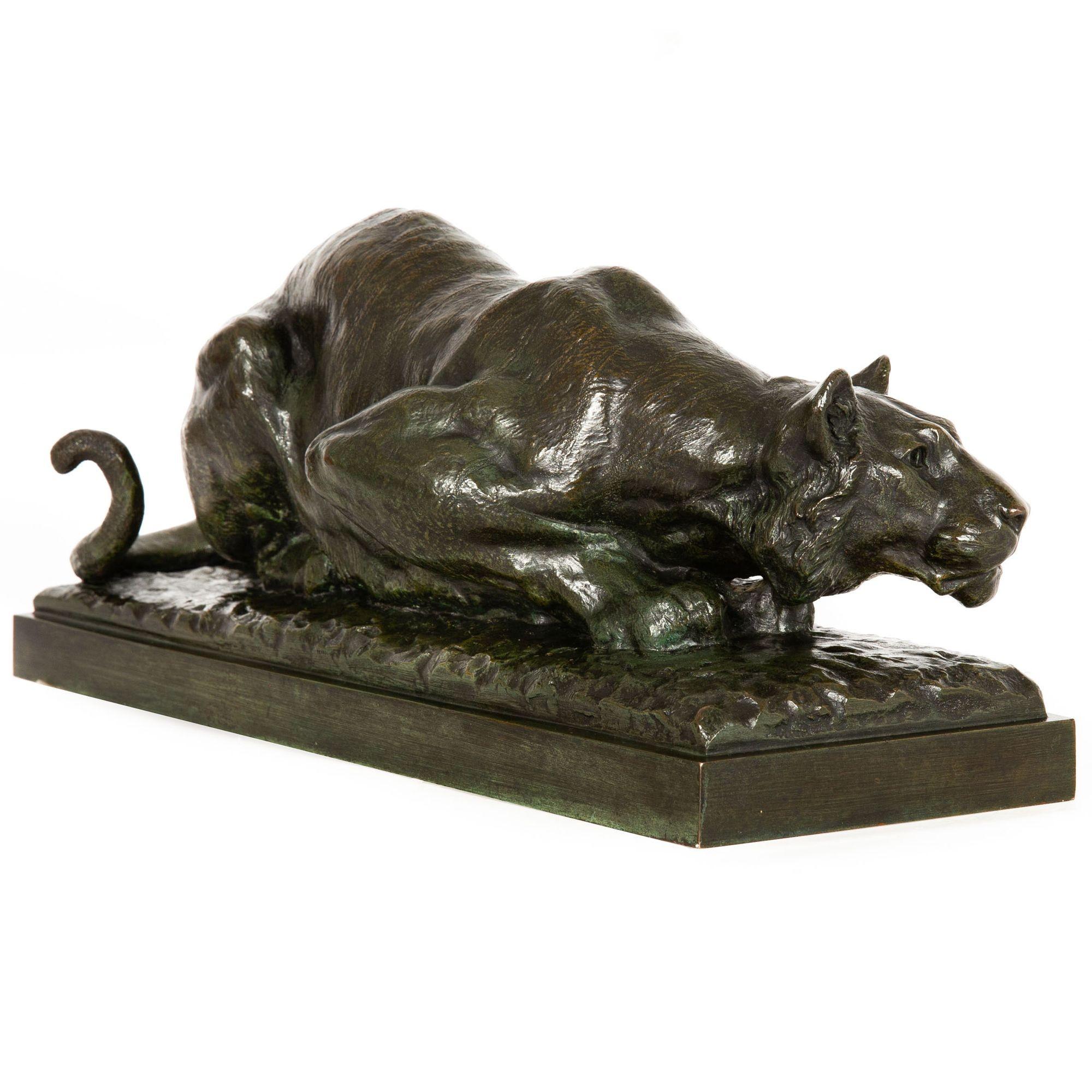 French Bronze Sculpture of Crouching Tiger by François Hippolyte Peyrol For Sale 12