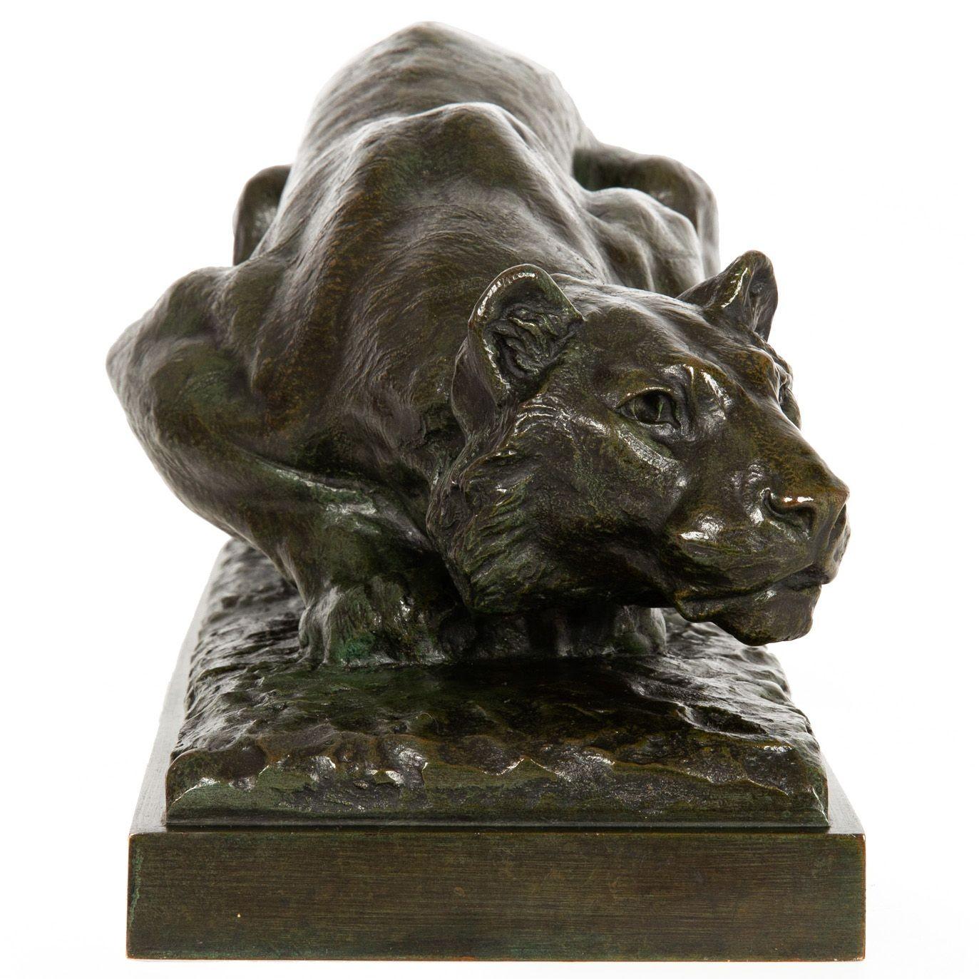 French Bronze Sculpture of Crouching Tiger by François Hippolyte Peyrol In Good Condition For Sale In Shippensburg, PA
