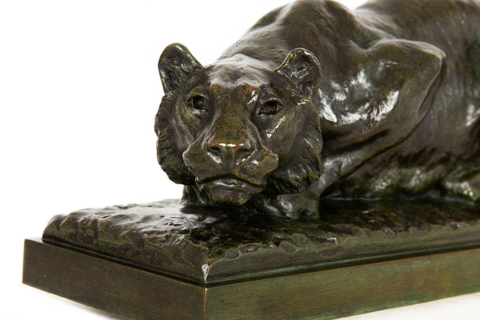 French Bronze Sculpture of Crouching Tiger by François Hippolyte Peyrol For Sale 1