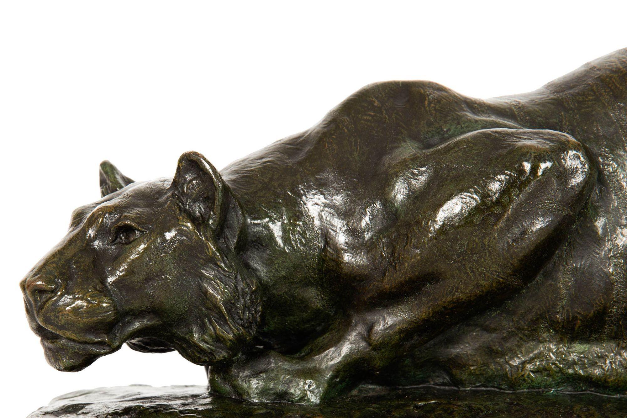 French Bronze Sculpture of Crouching Tiger by François Hippolyte Peyrol For Sale 2