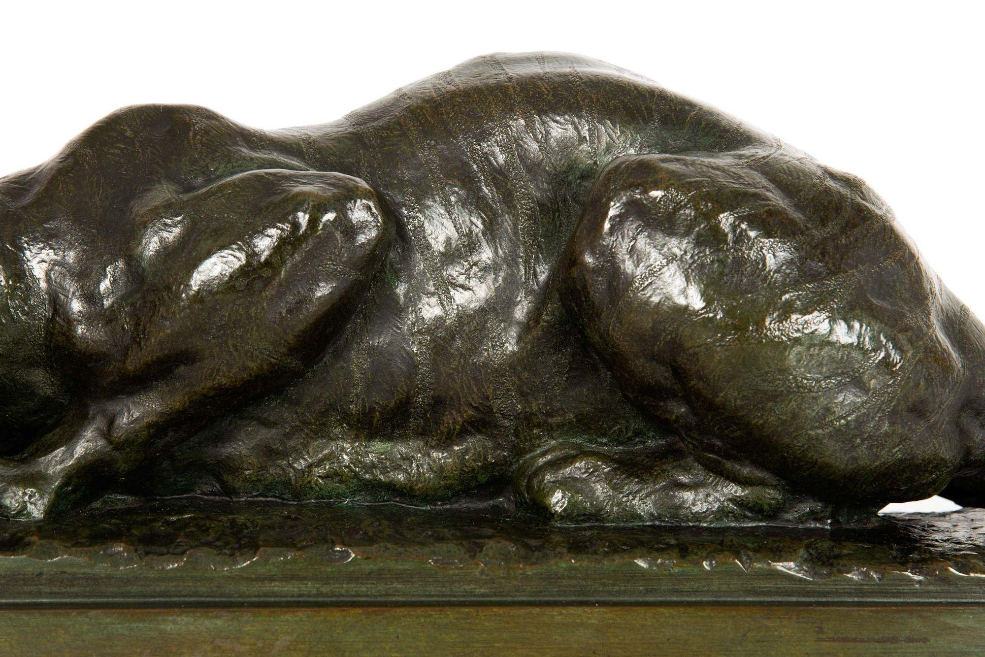 French Bronze Sculpture of Crouching Tiger by François Hippolyte Peyrol For Sale 3