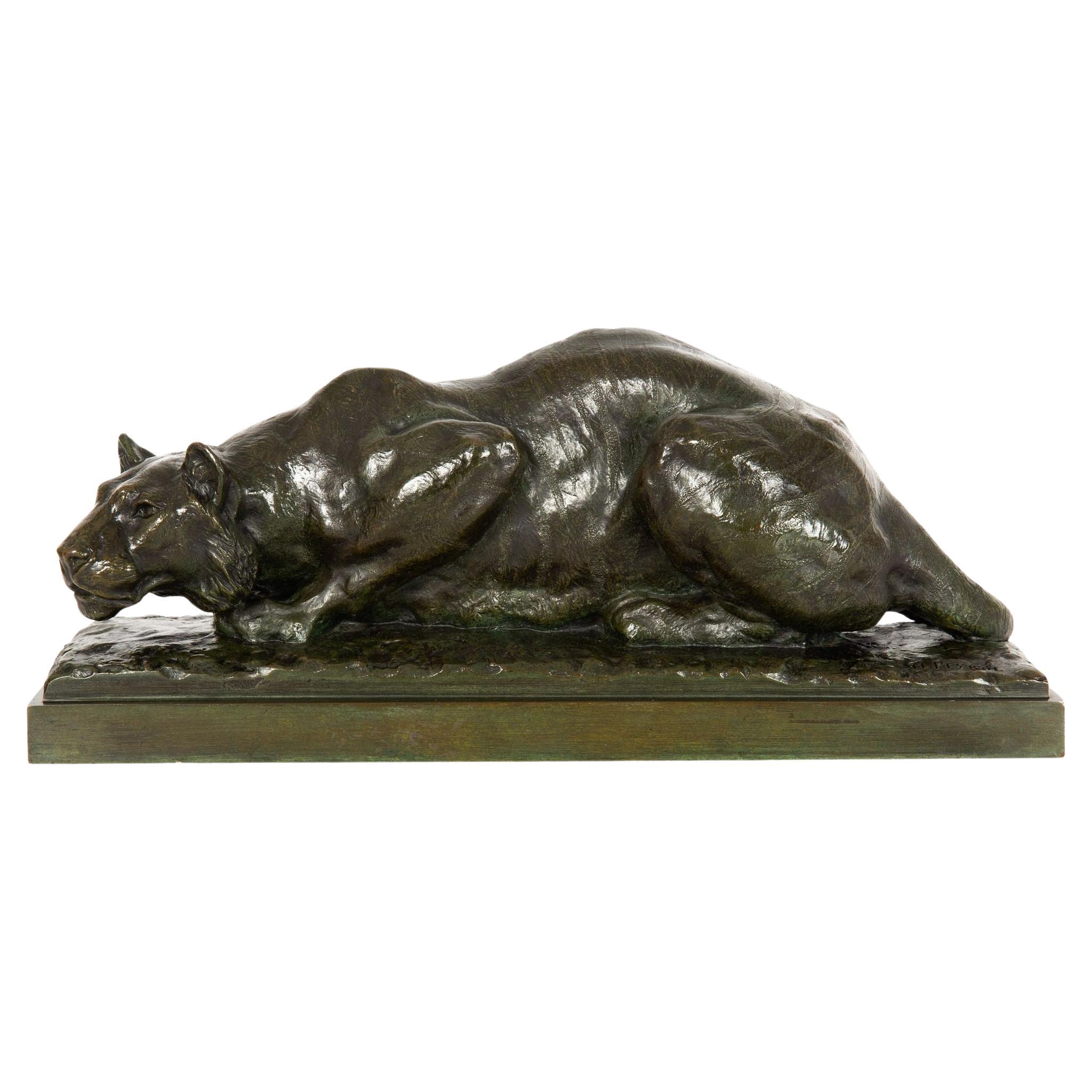 French Bronze Sculpture of Crouching Tiger by François Hippolyte Peyrol For Sale