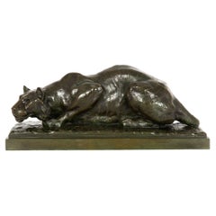 Vintage French Bronze Sculpture of Crouching Tiger by François Hippolyte Peyrol