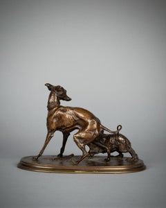 French Bronze Sculpture of Greyhound and King Charles Spaniel, by P.J. Mene