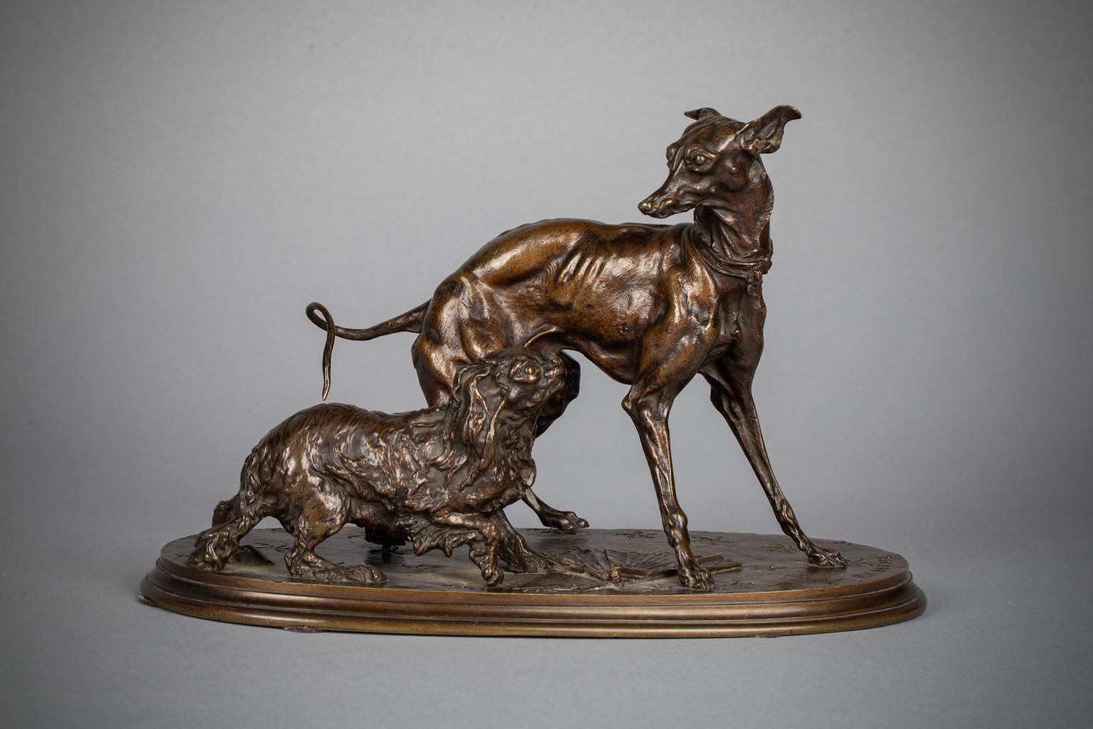 French Bronze Sculpture of Greyhound and King Charles Spaniel, by P.J. Mene In Good Condition For Sale In New York, NY