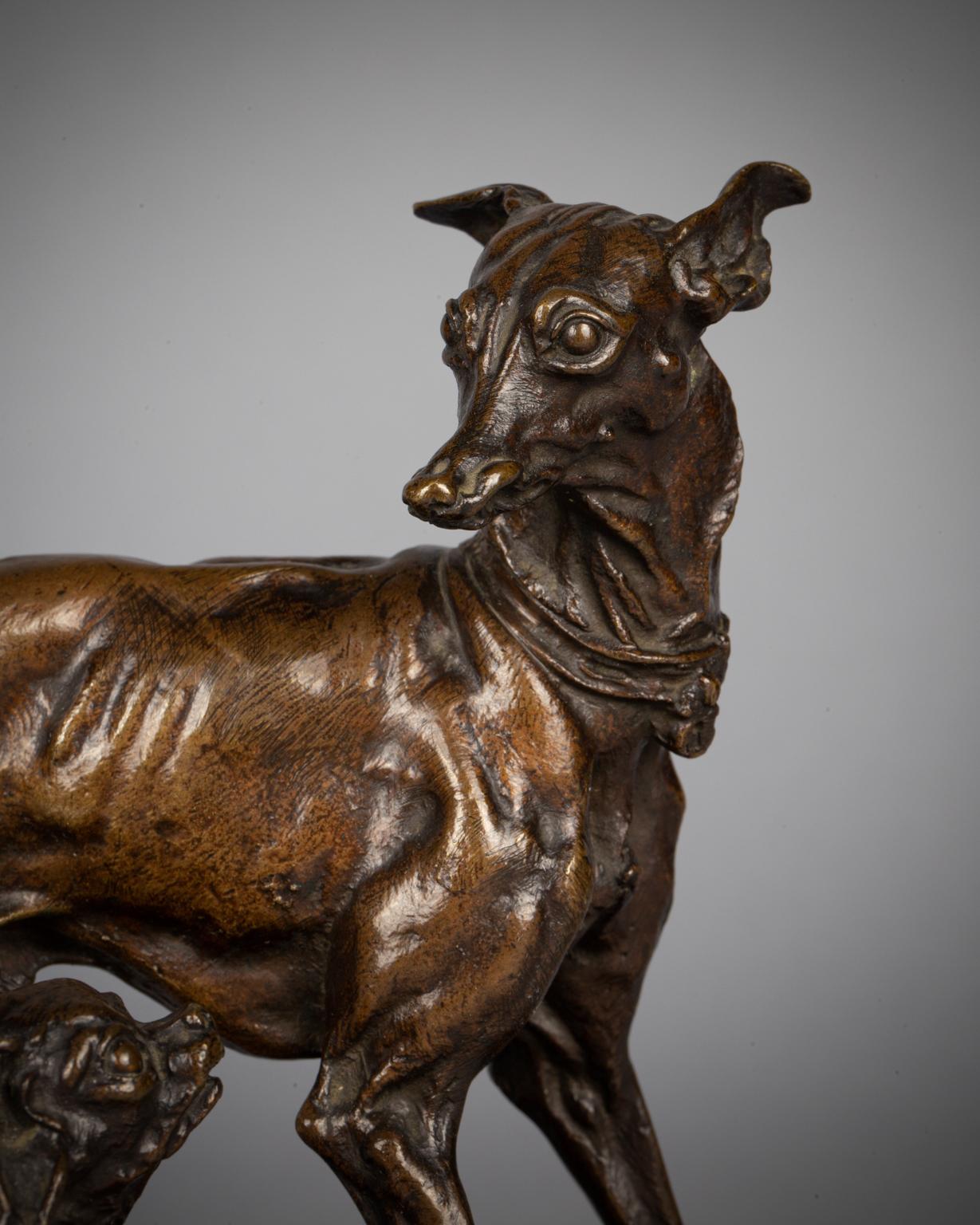 19th Century French Bronze Sculpture of Greyhound and King Charles Spaniel, by P.J. Mene For Sale