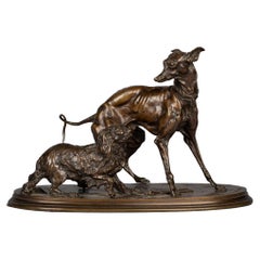 Escultura francesa de bronce de galgo y Spaniel King Charles, por P.J. Mene