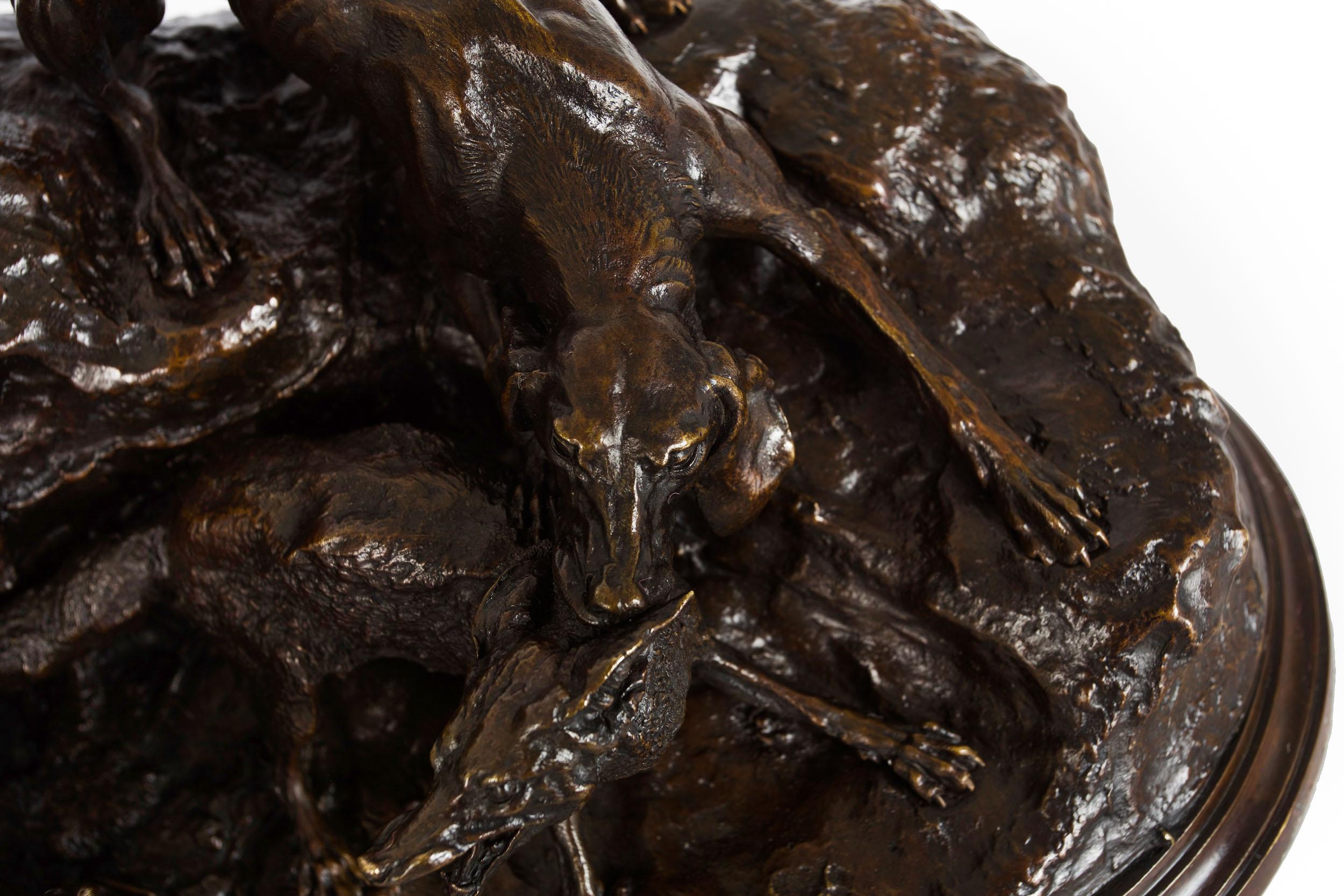 French Bronze Sculpture of Hound Dogs Hunting Fox by Pierre Jules Mene 8