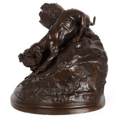French Bronze Sculpture of Hound Dogs Hunting Fox by Pierre Jules Mene