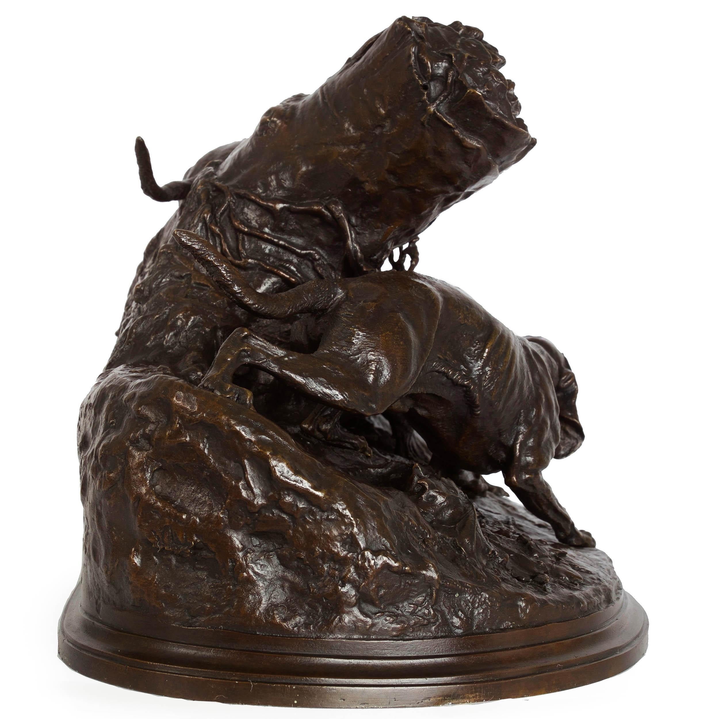 Romantic French Bronze Sculpture of Hound Dogs Hunting Fox by Pierre Jules Mene